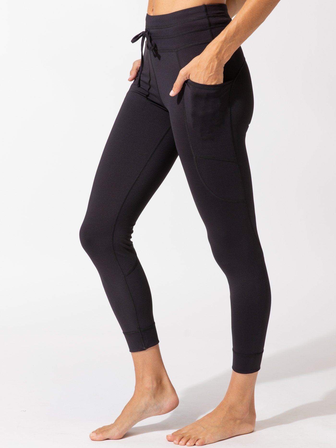 Black Rhoda Sport 7/8 jogger leggings with high-waisted performance fit.