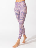 Close-up of Jackie high-rise 7/8 leggings featuring a purple and cream marble print pattern.