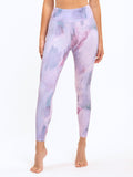 Close up of Jackie High Rise 7/8 Sport Leggings in a purple and lavender abstract pattern.