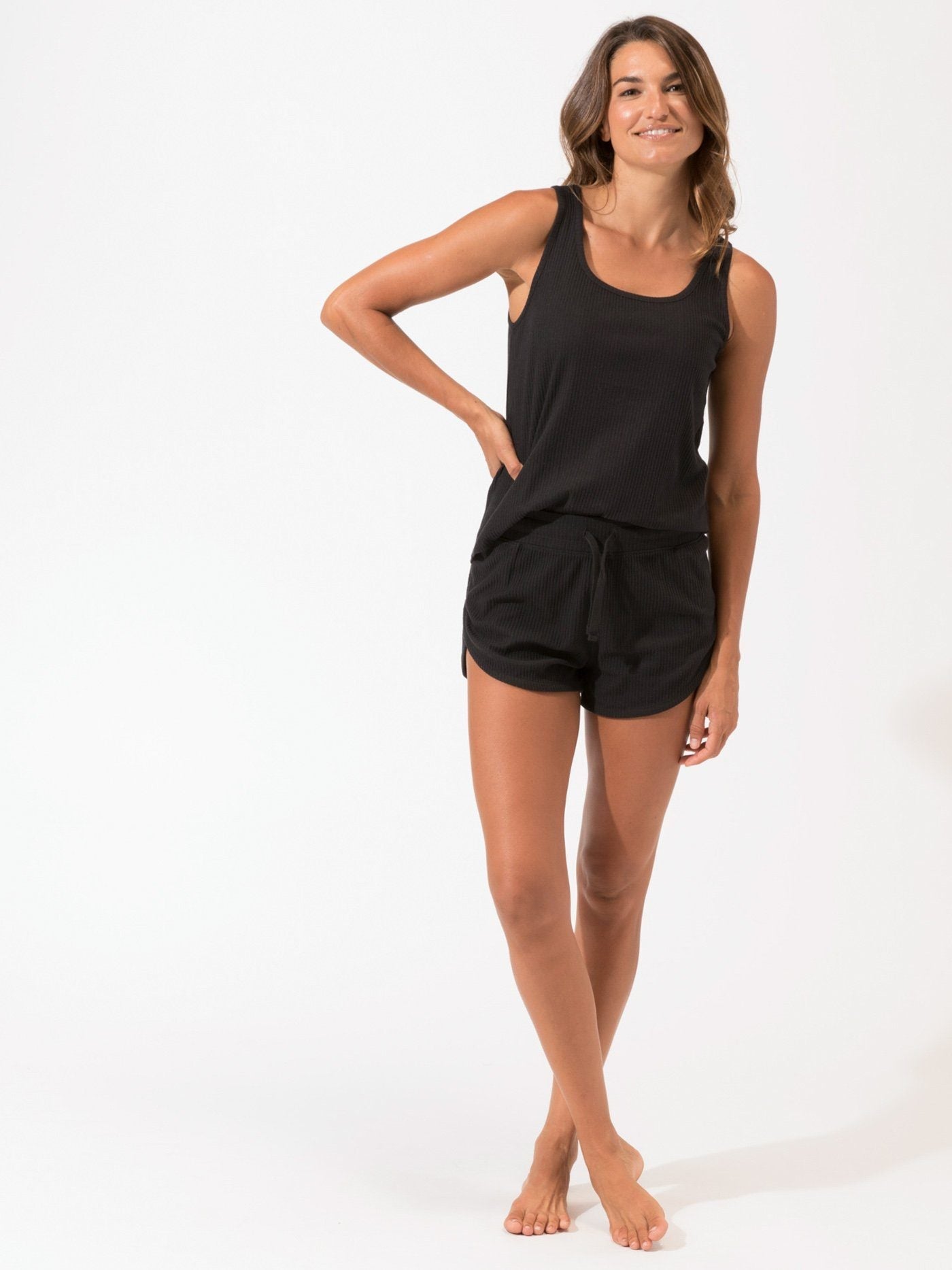 Women's Black Ribbed Dolphin Hem Lounge Shorts