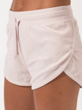 Women's Mariana Dolphin Hem Rib Short in pale pink with a relaxed fit and pull-on closure
