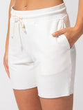 Liesl women's solid white modal terry cutoff lounge shorts with a casual aesthetic.