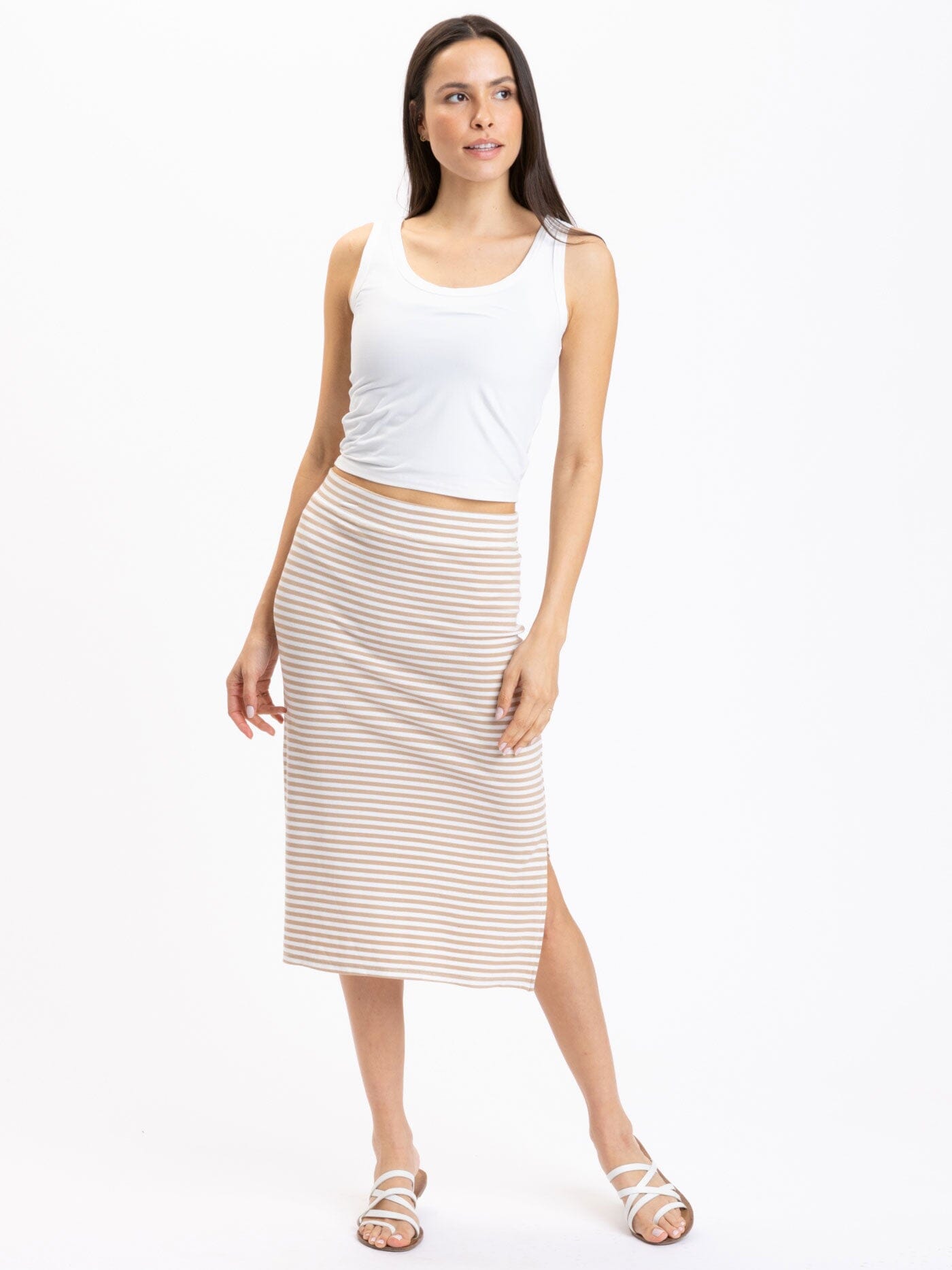 Adella Stripe Feather Rib Side-Slit Midi Skirt in Beige and White