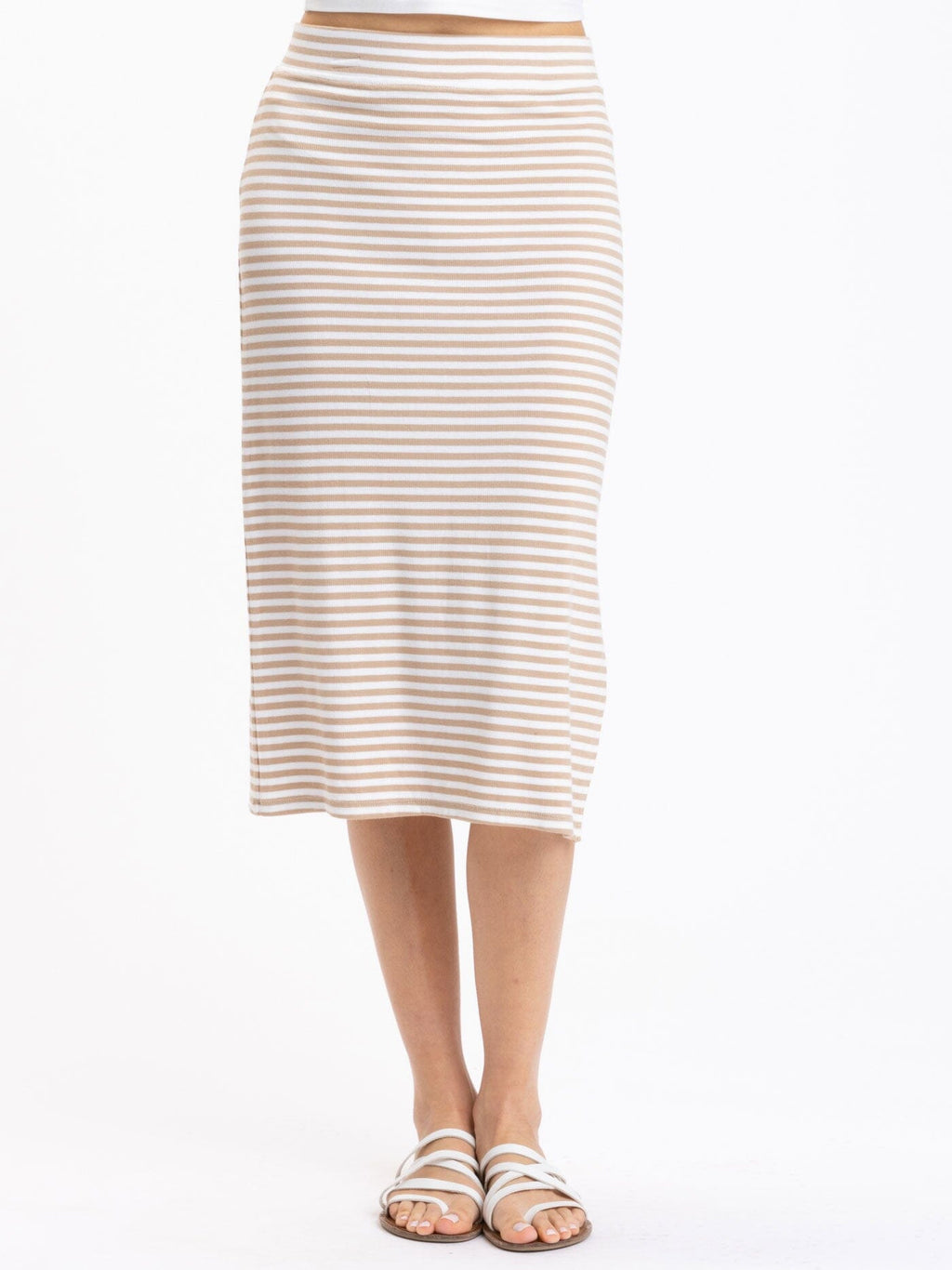A beige and white horizontal striped midi skirt in a fitted knit rib fabric with a side slit.