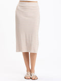 A beige and white horizontal striped midi skirt in a fitted knit rib fabric with a side slit.