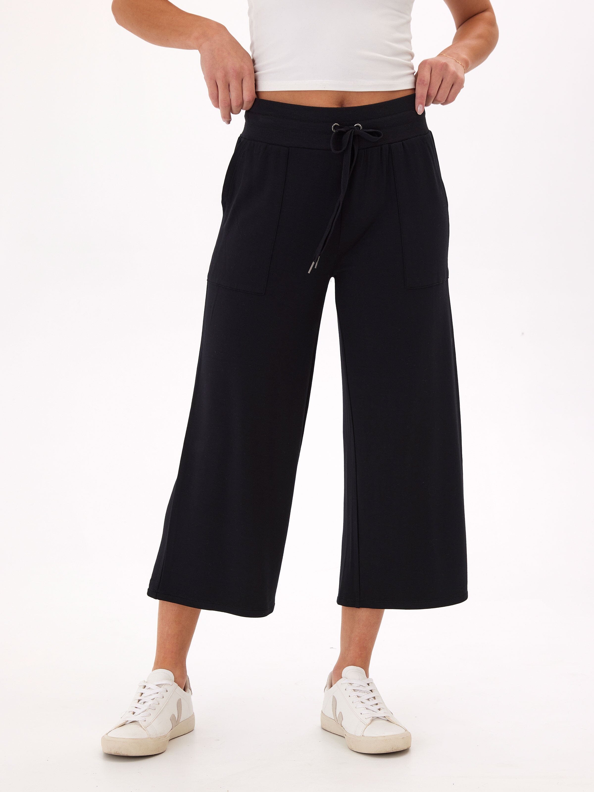 Feather Fleece Wide Leg Crop Pant in Black