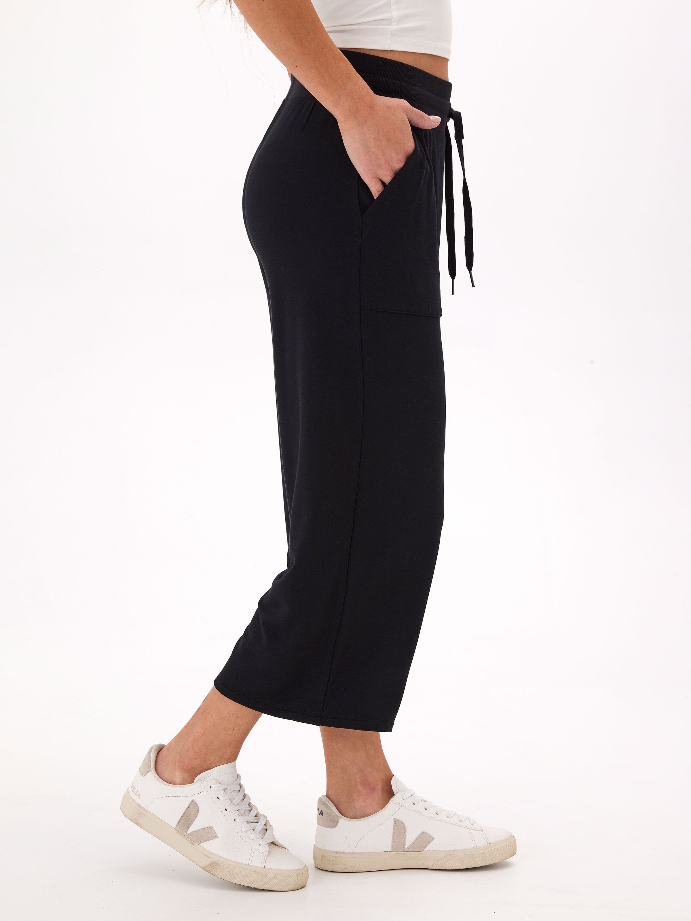 Feather Fleece Wide Leg Crop Pant in Black