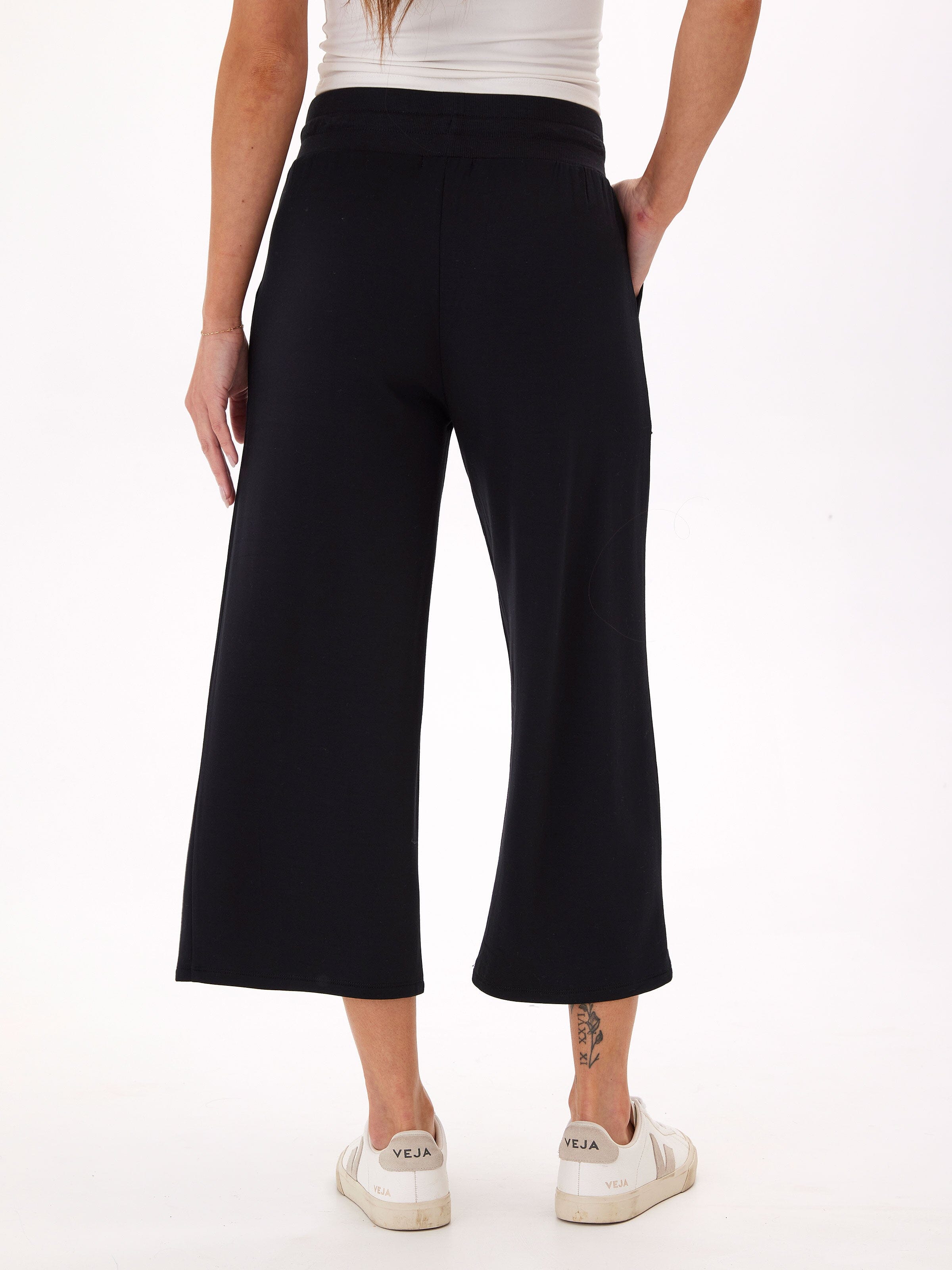 Feather Fleece Wide Leg Crop Pant in Black