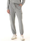 Model wearing relaxed fit Margot Feather Fleece Cargo Joggers with utility pockets