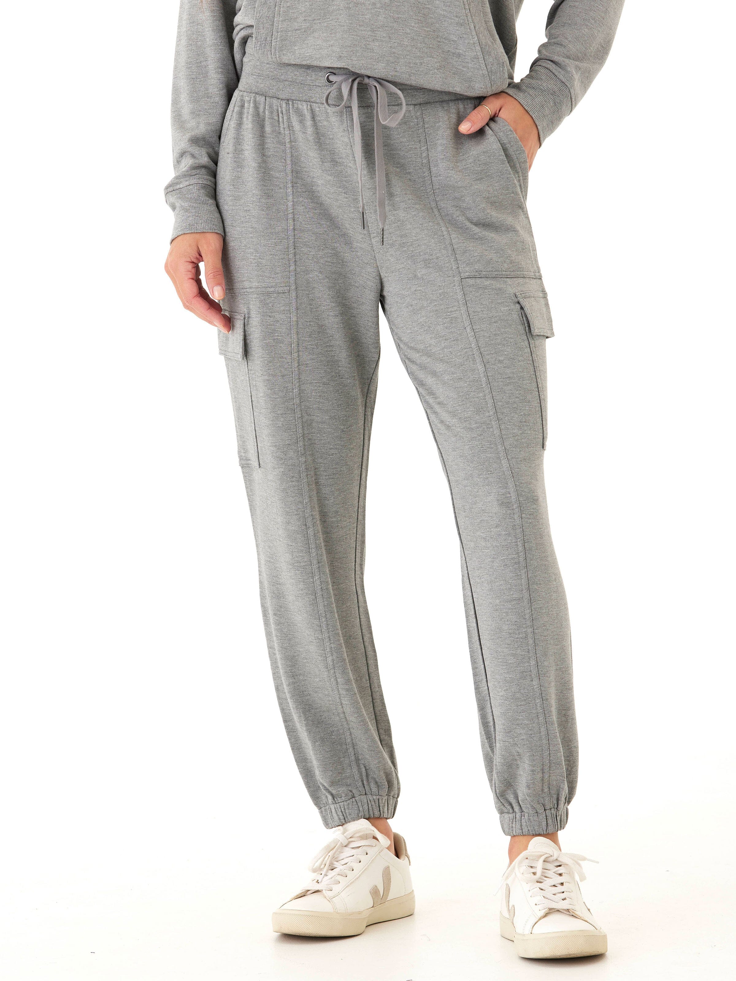 Model wearing relaxed fit Margot Feather Fleece Cargo Joggers with utility pockets