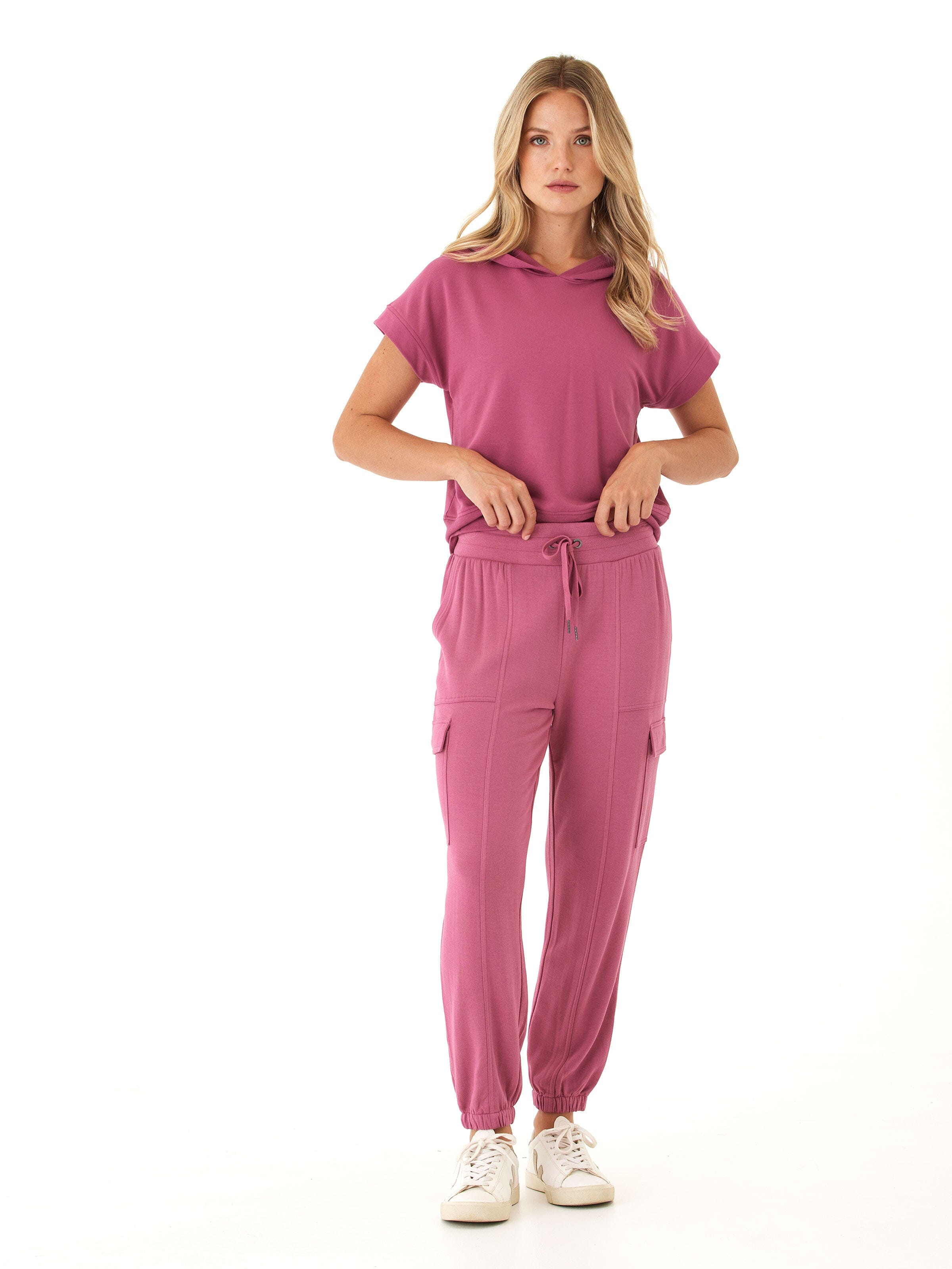 Women's Feather Fleece Cargo Joggers in Mauve & Berry - Relaxed Fit