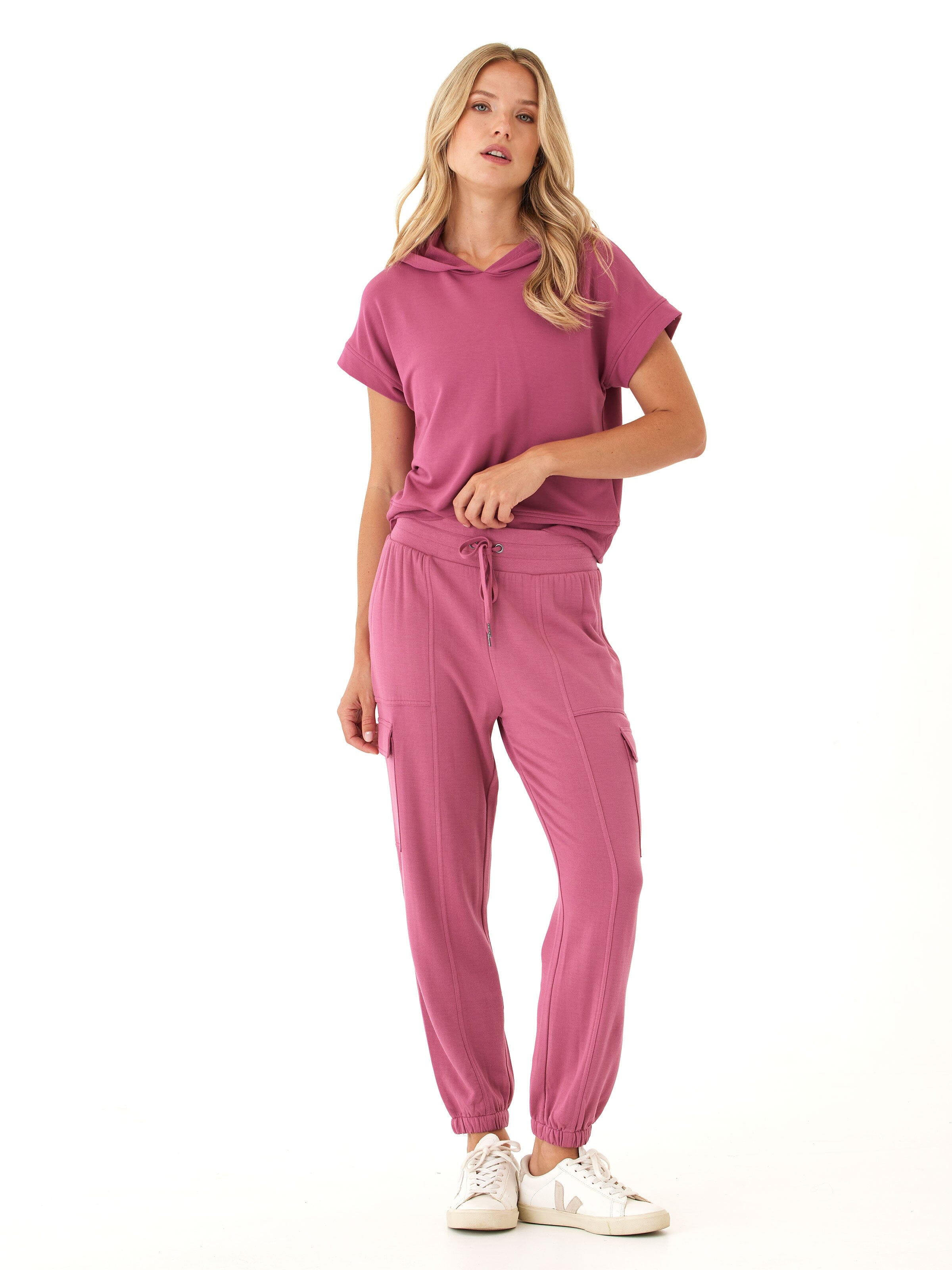 Women's Feather Fleece Cargo Joggers in Mauve & Berry - Relaxed Fit