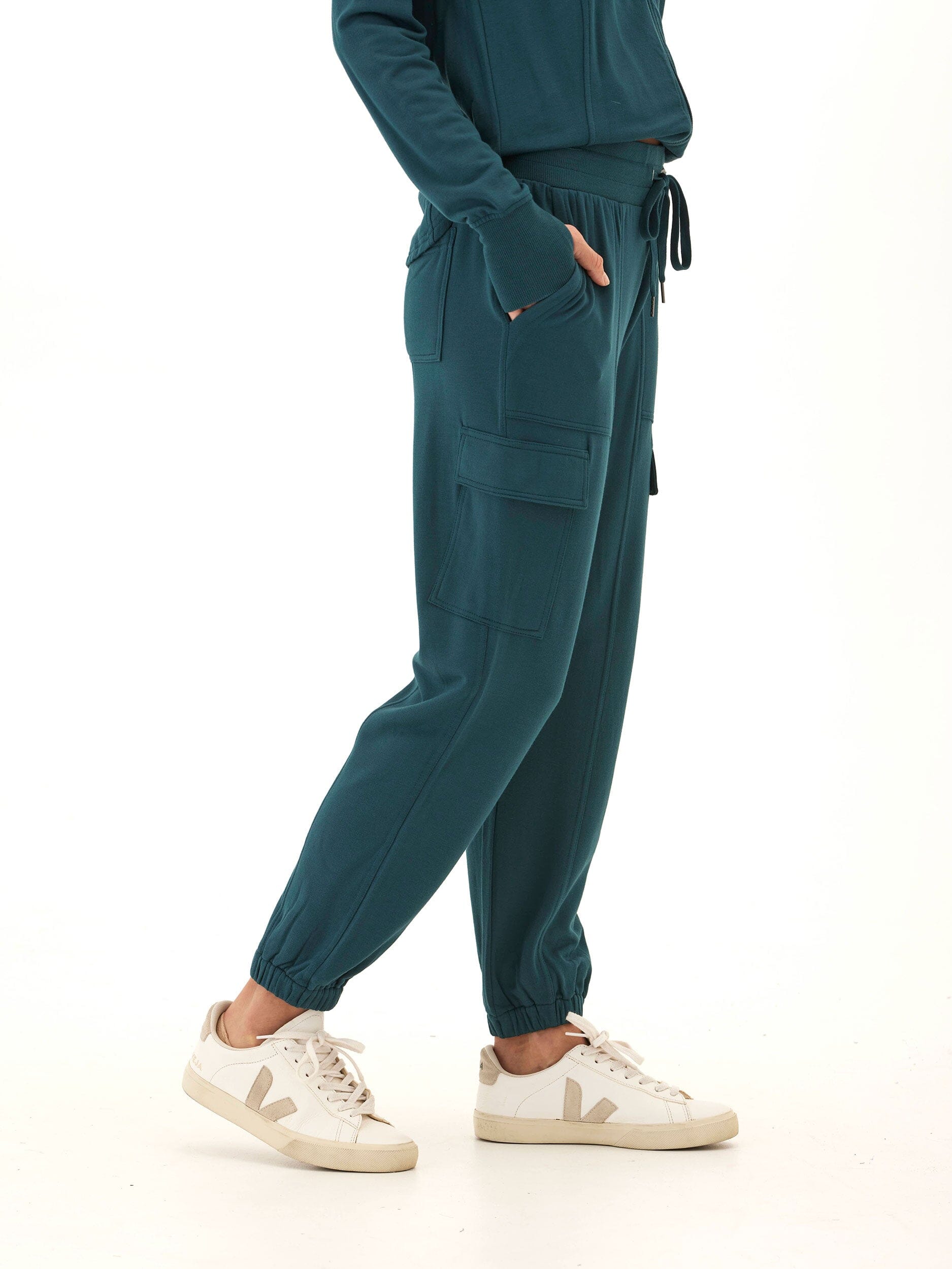 Margot Feather Fleece Cargo Jogger in Teal and Deep Green