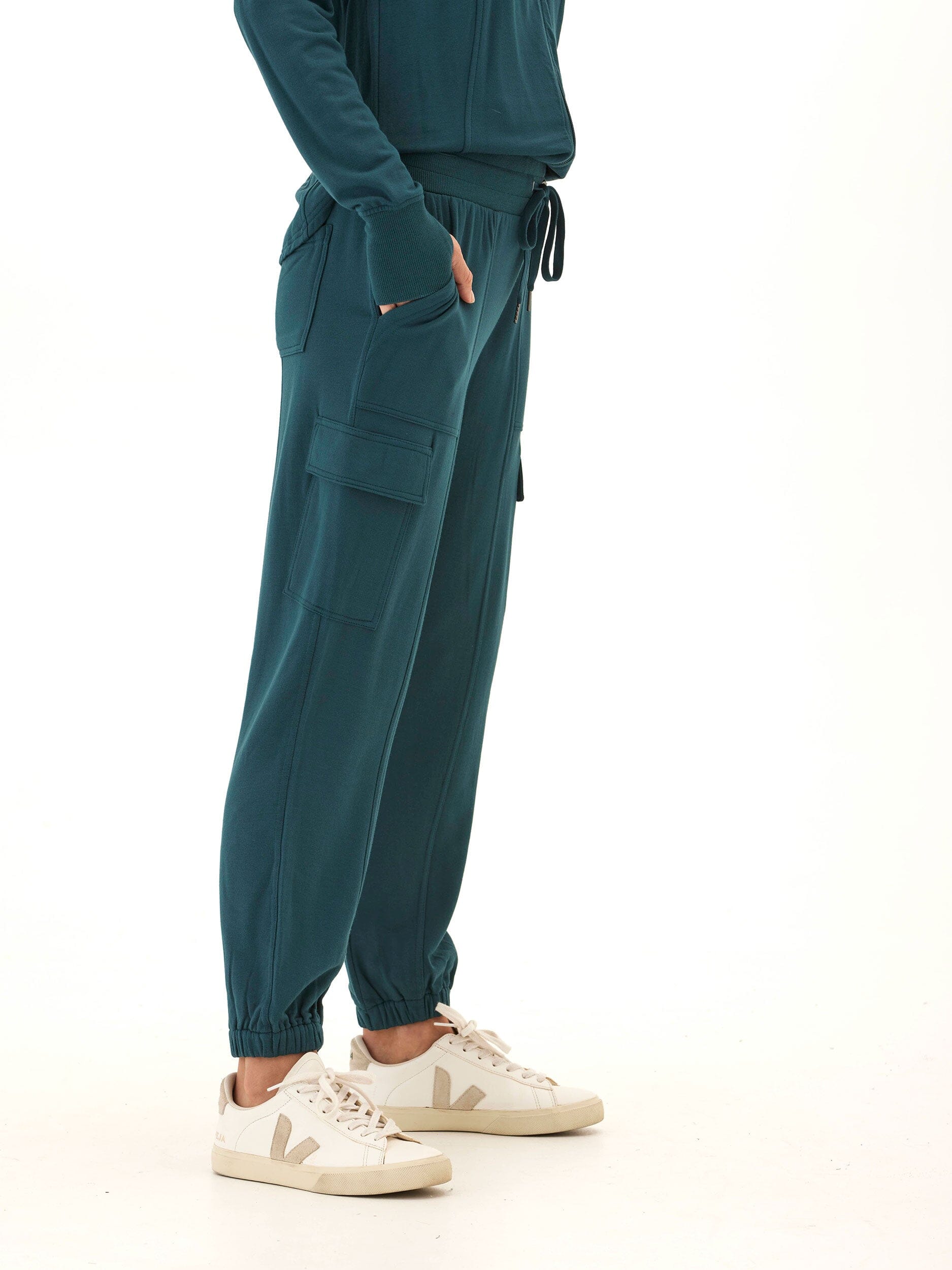 Margot Feather Fleece Cargo Jogger in Teal and Deep Green