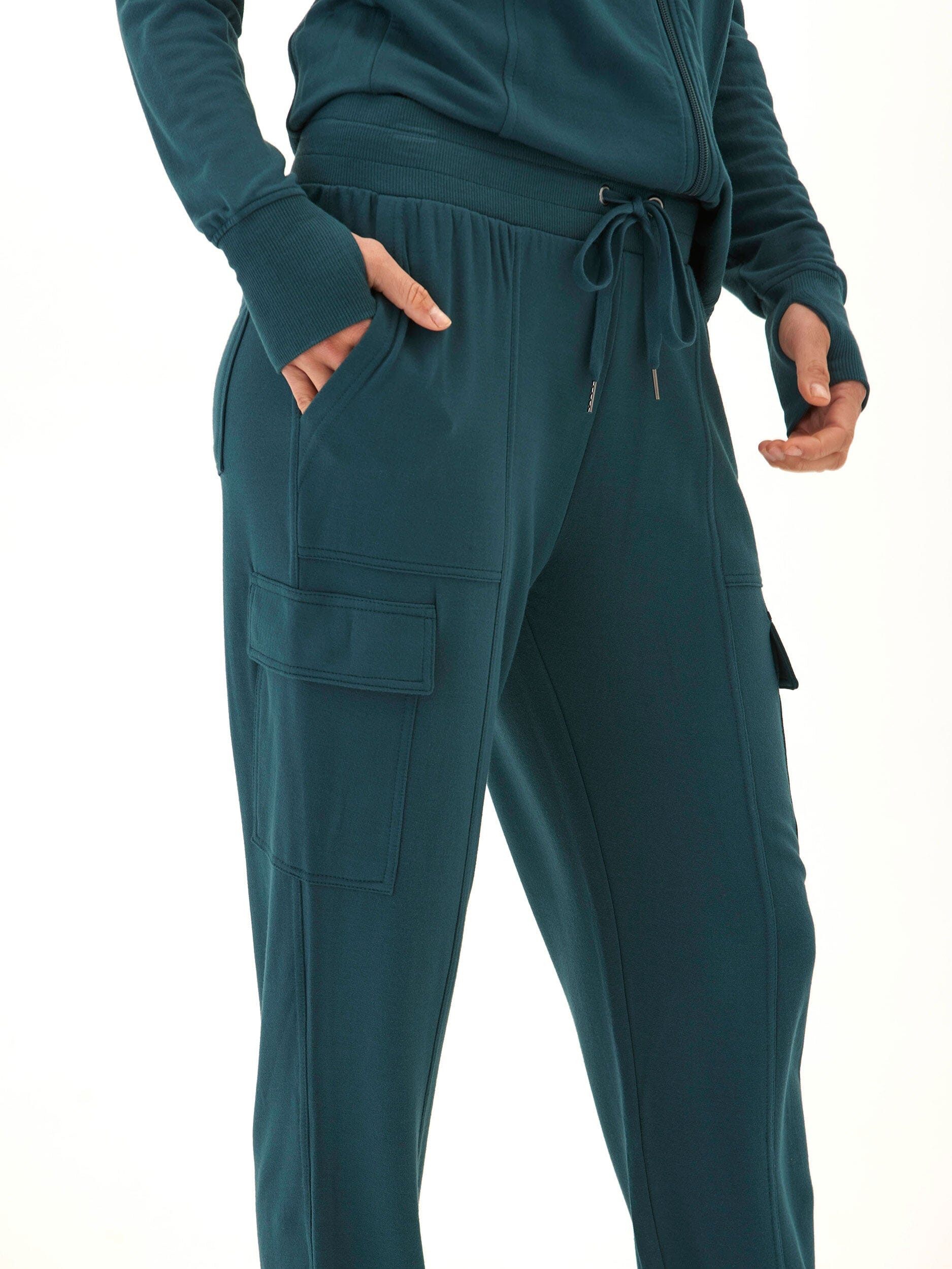 Margot Feather Fleece Cargo Jogger in Teal and Deep Green