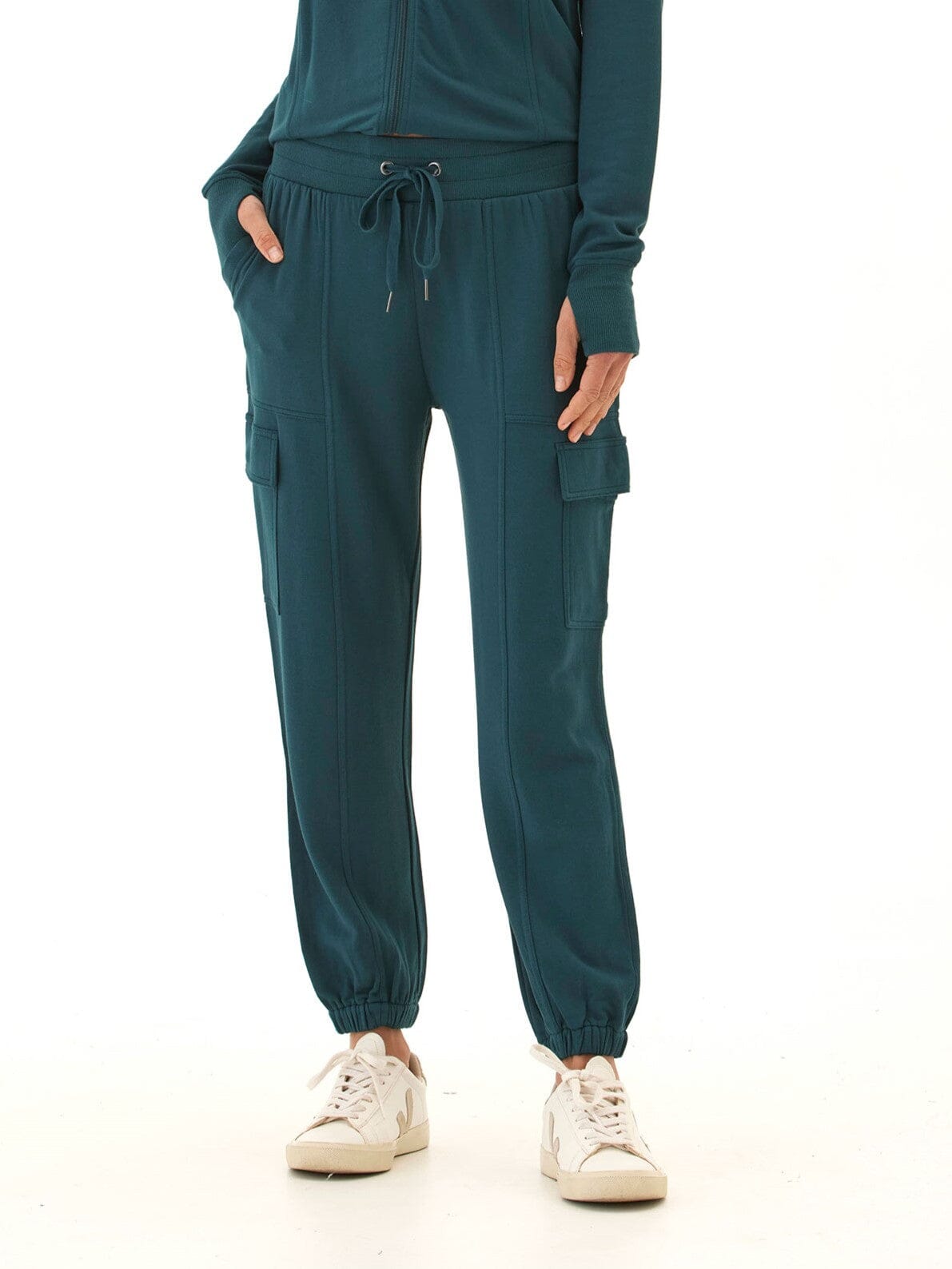 Margot Feather Fleece Cargo Jogger in Teal and Deep Green