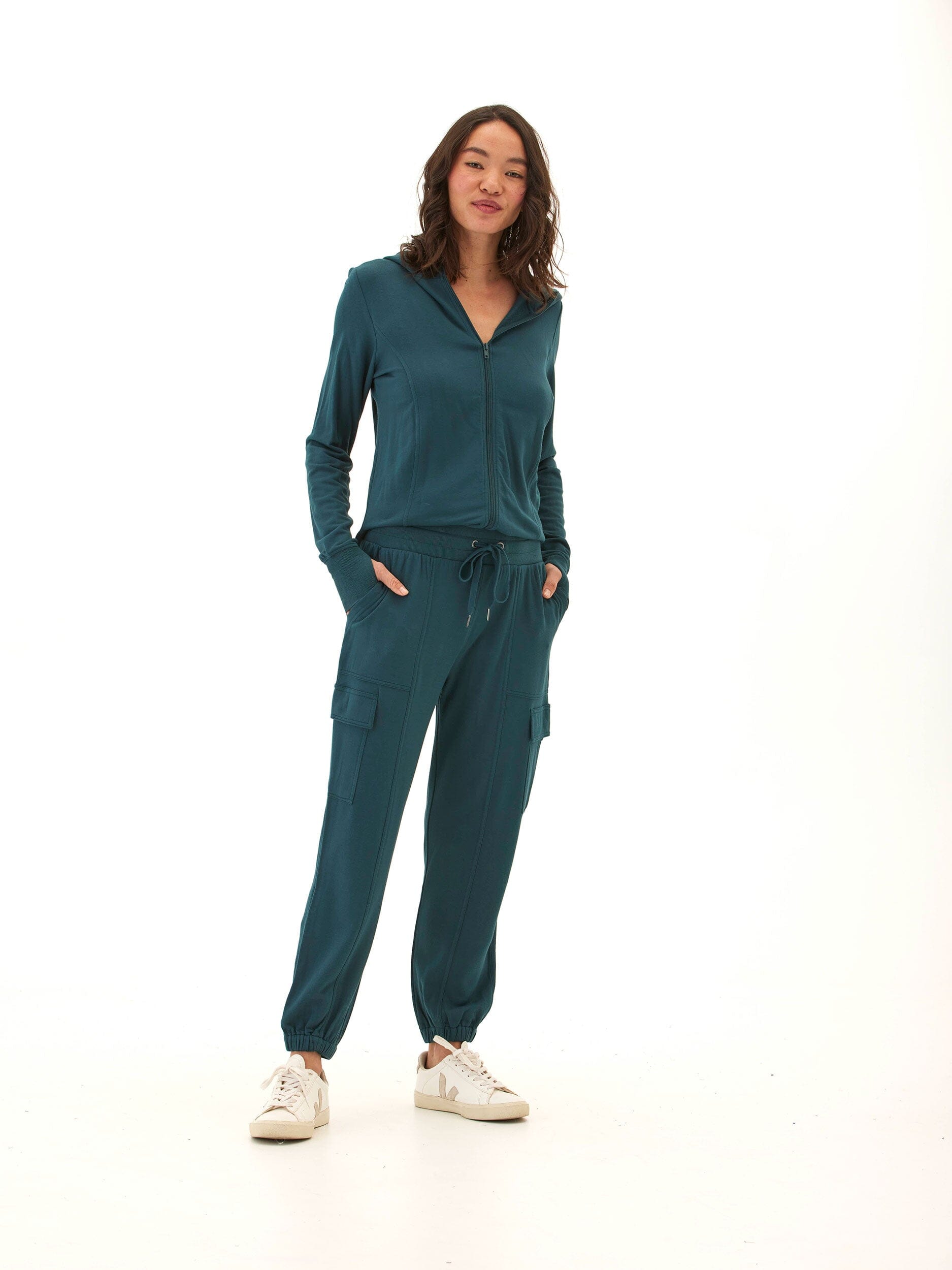 Margot Feather Fleece Cargo Jogger in Teal and Deep Green