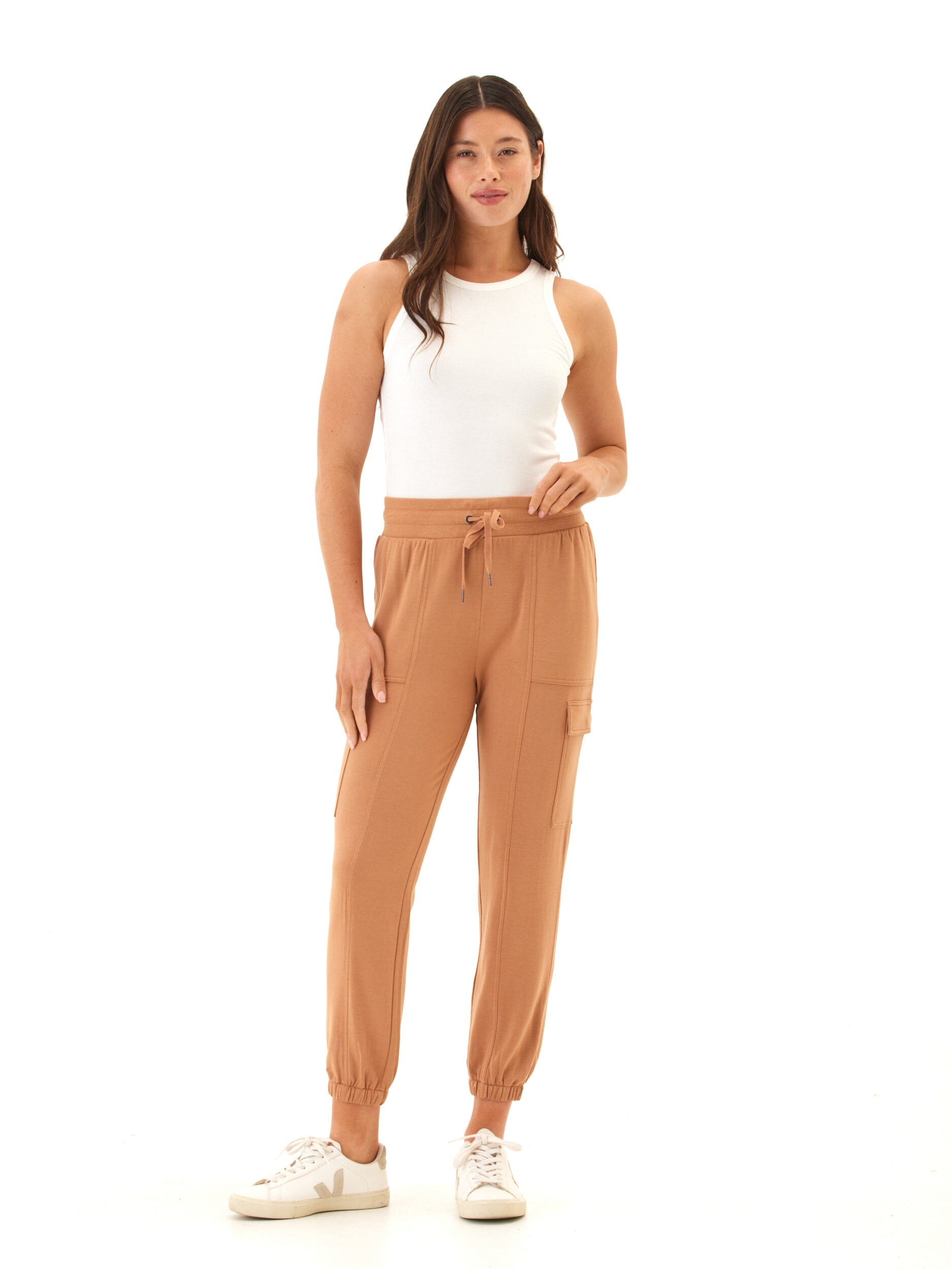 Women's Feather Fleece Cargo Joggers in Camel & Tan - Relaxed Fit