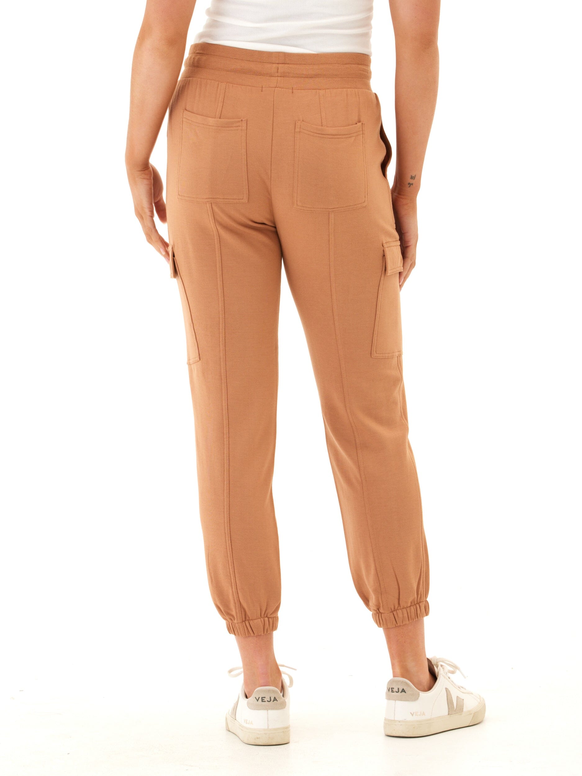 Women's Feather Fleece Cargo Joggers in Camel & Tan - Relaxed Fit