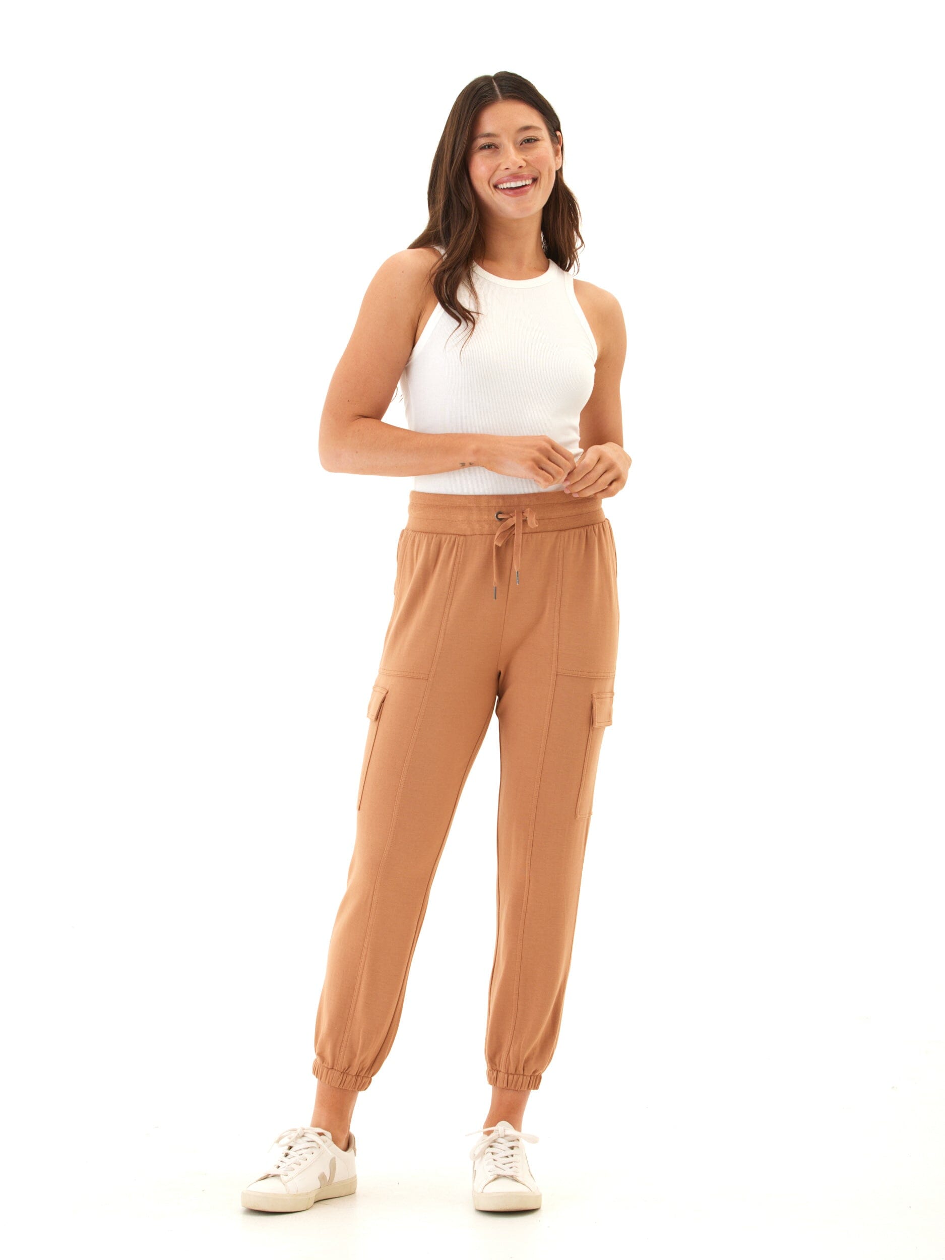 Women's Feather Fleece Cargo Joggers in Camel & Tan - Relaxed Fit