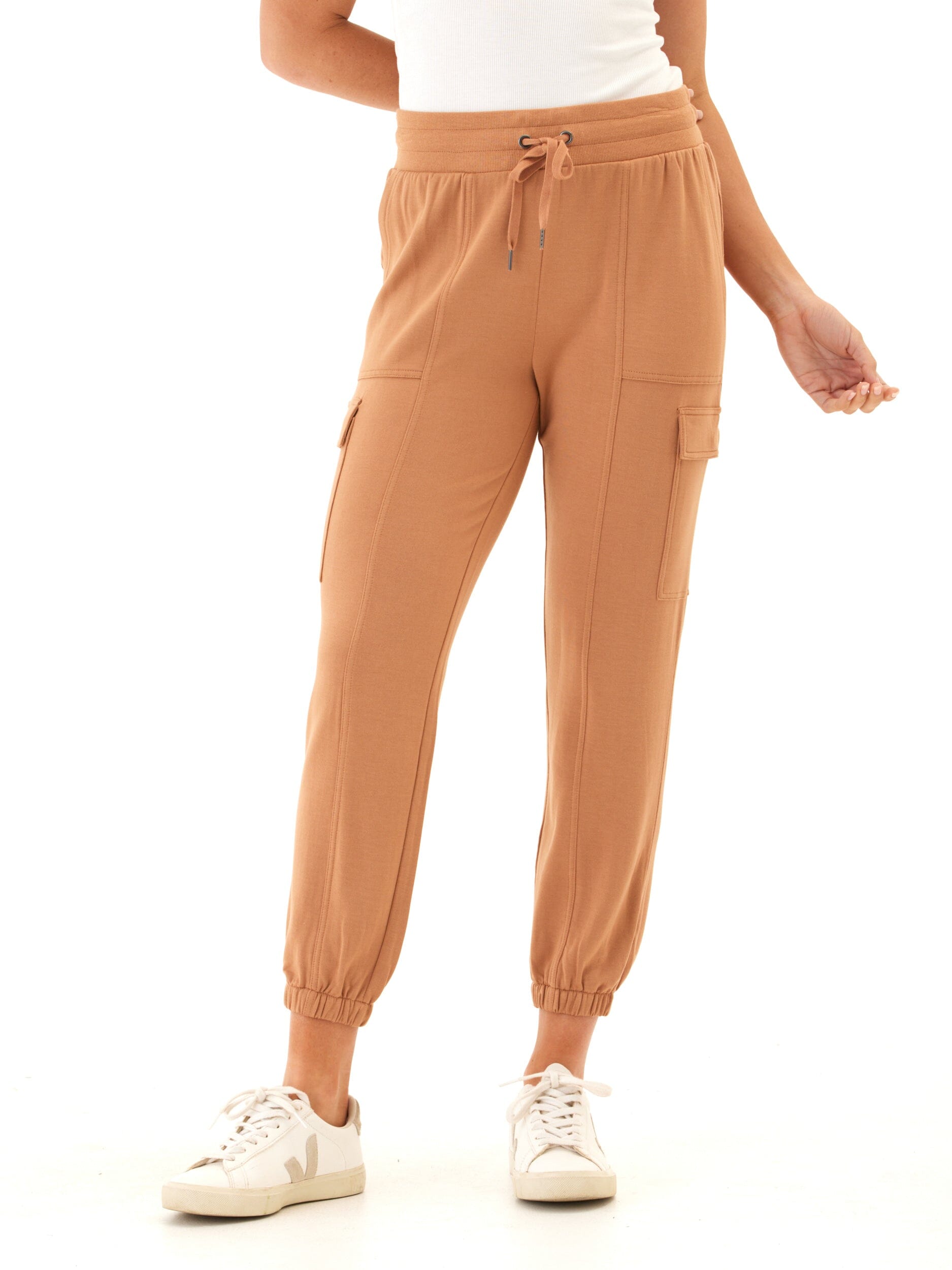 Women's Feather Fleece Cargo Joggers in Camel & Tan - Relaxed Fit