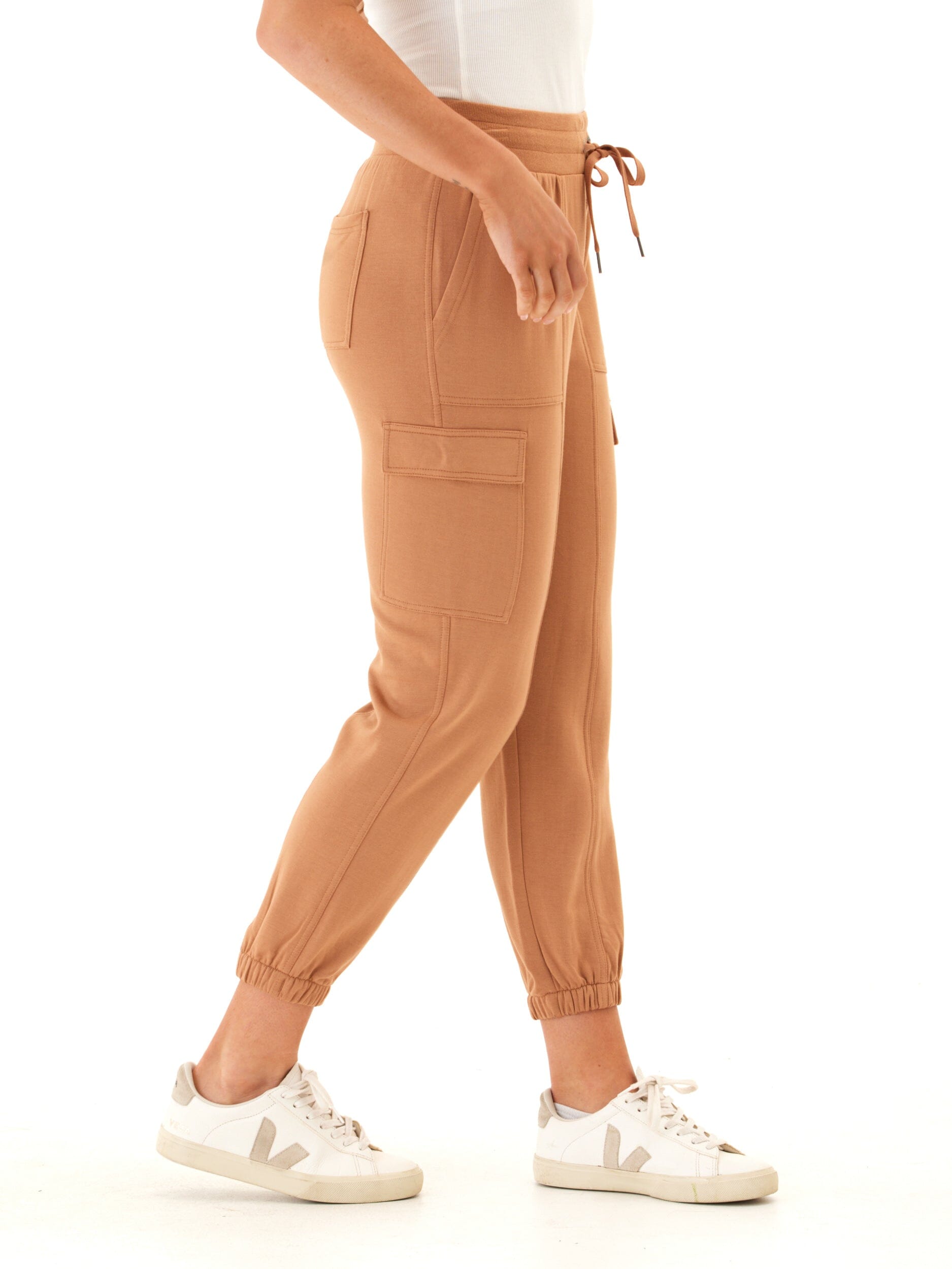 Women's Feather Fleece Cargo Joggers in Camel & Tan - Relaxed Fit