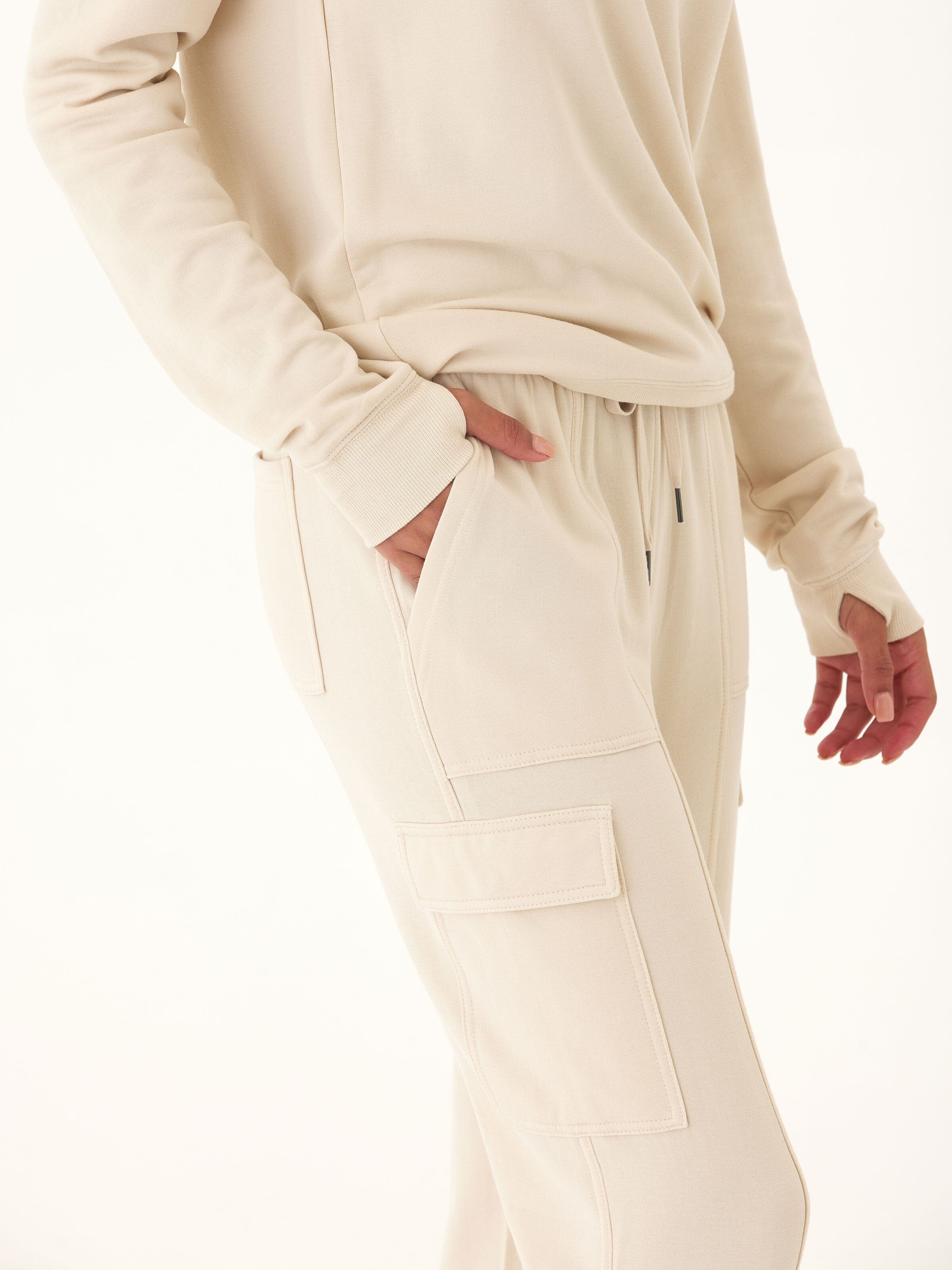 Margot Feather Fleece Cargo Jogger in Beige & Cream