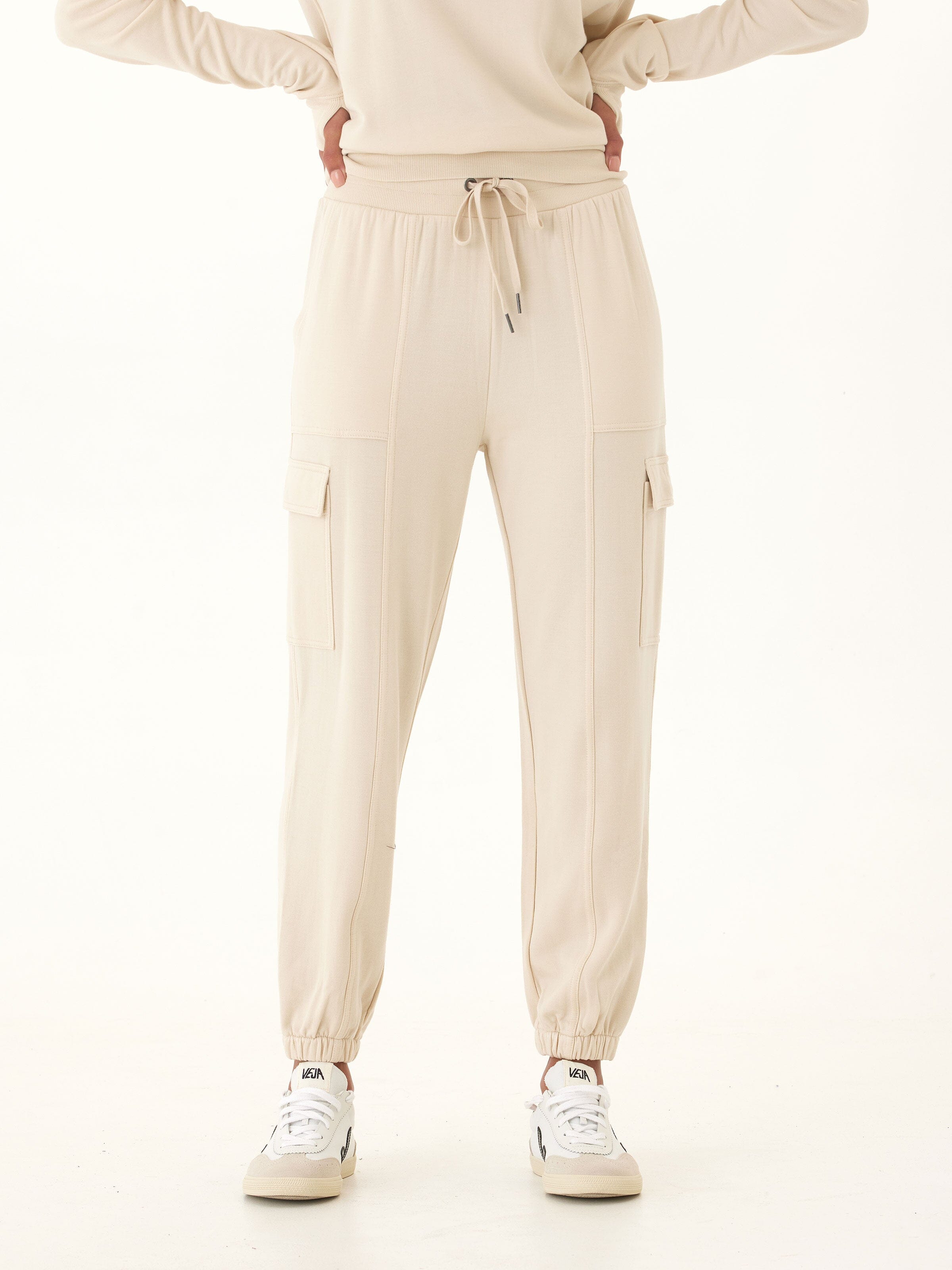 Margot Feather Fleece Cargo Jogger in Beige & Cream