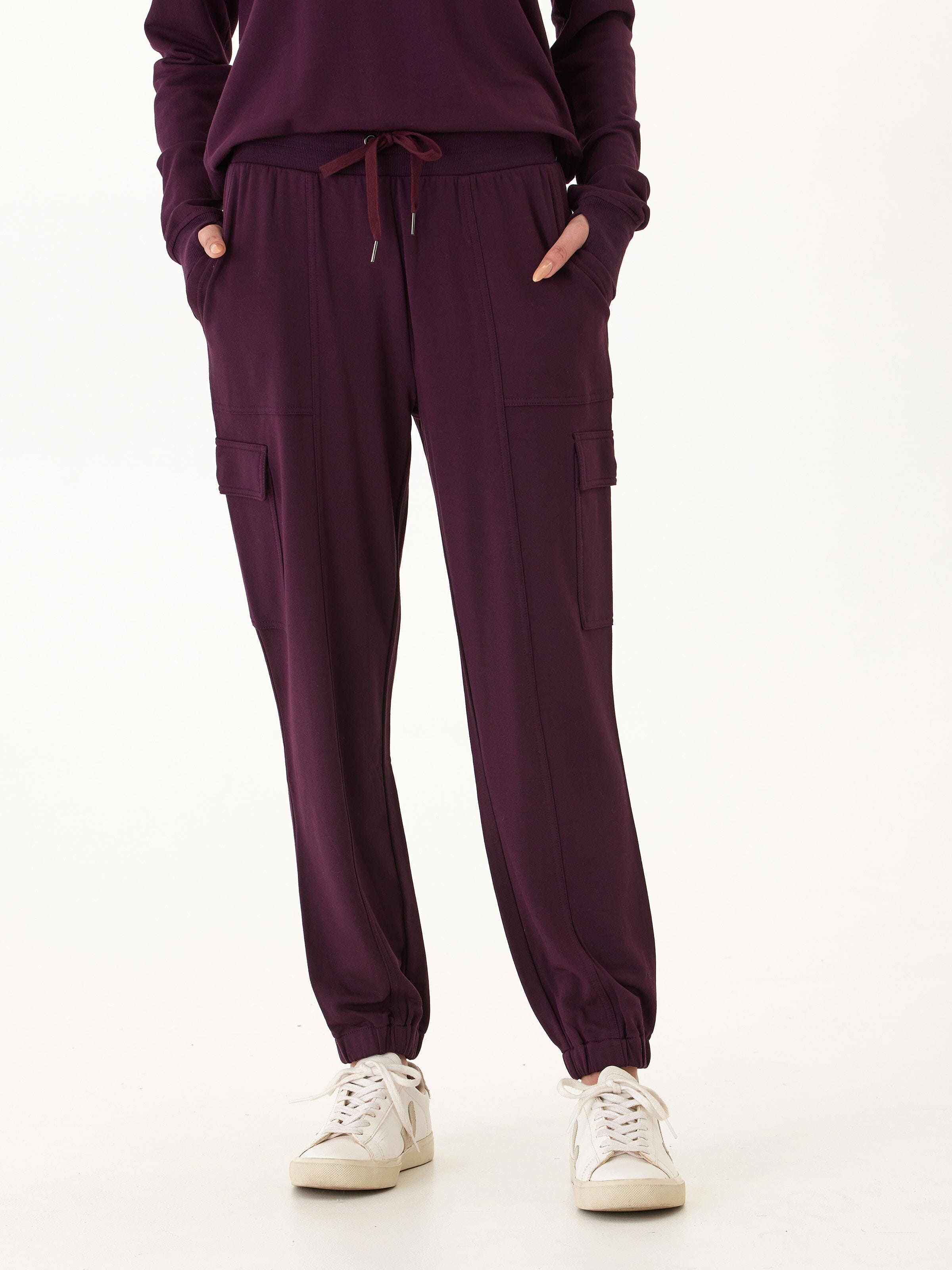 Margot Feather Fleece Cargo Jogger in Deep-Plum & Eggplant