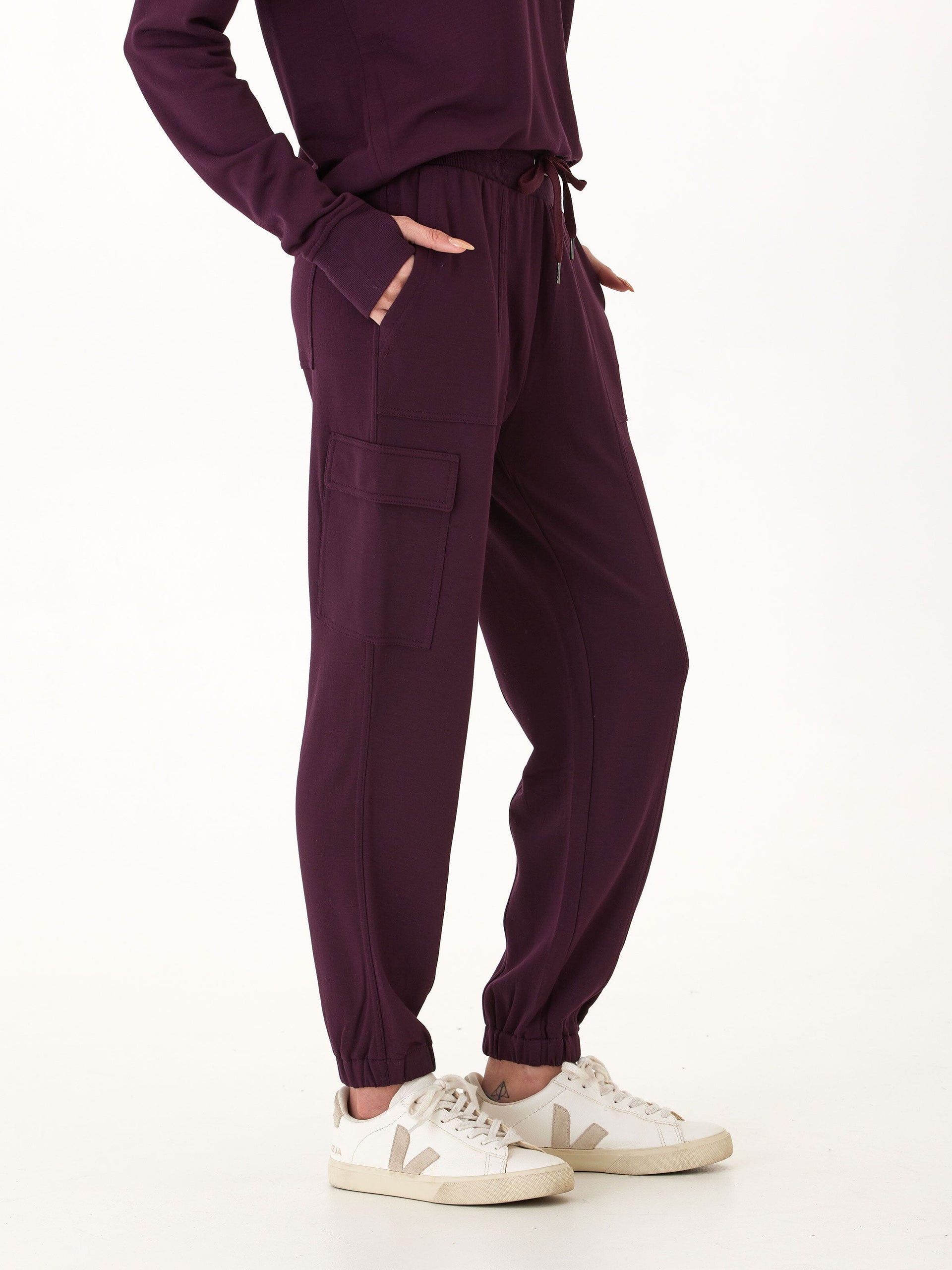 Margot Feather Fleece Cargo Jogger in Deep-Plum & Eggplant