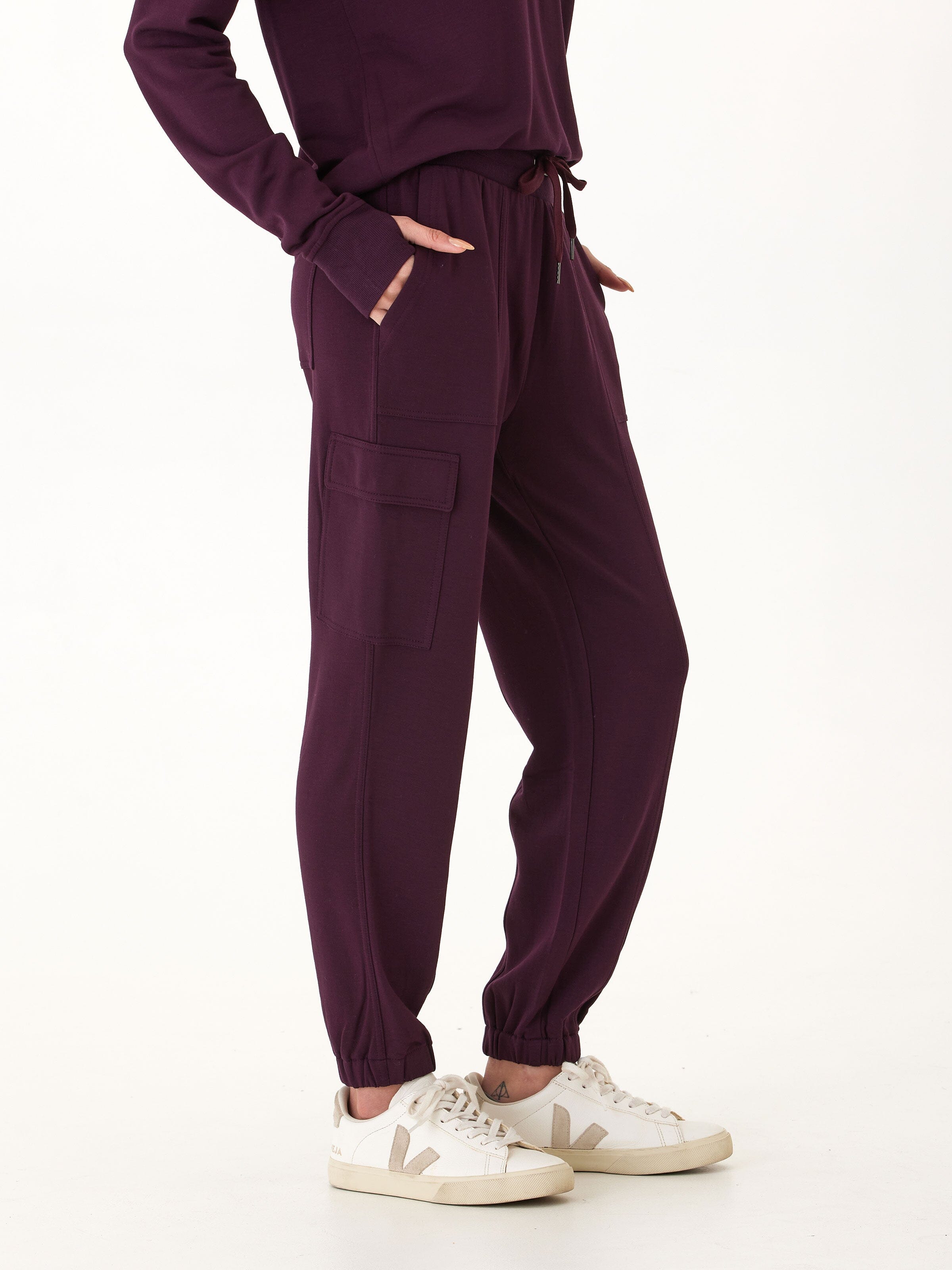 Margot Feather Fleece Cargo Jogger in Deep-Plum & Eggplant