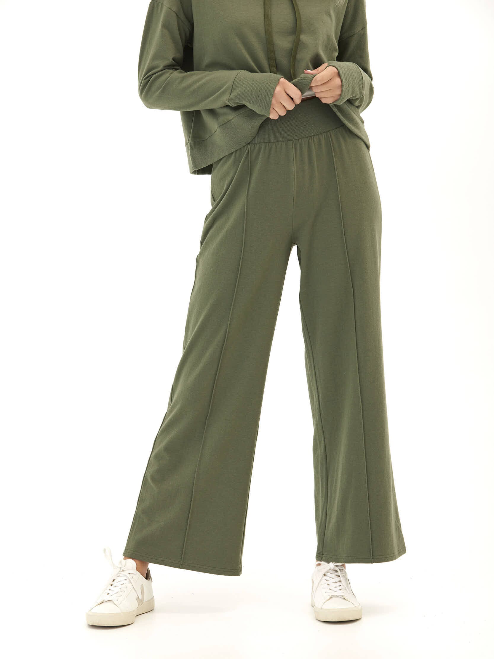 Cozy Fleece Rib Mix Wide Leg Pant with Elastic Waistband