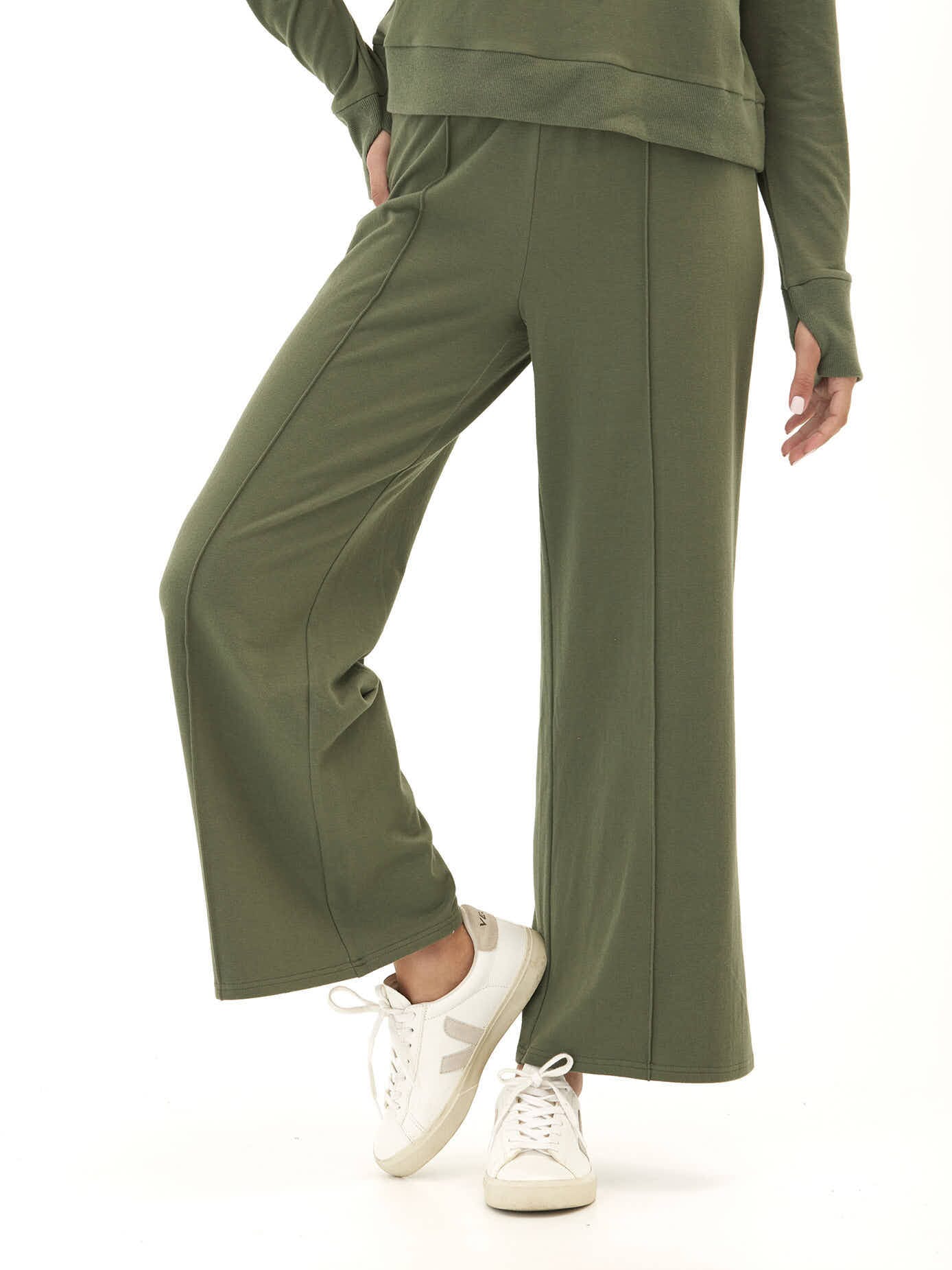 Cozy Fleece Rib Mix Wide Leg Pant with Elastic Waistband