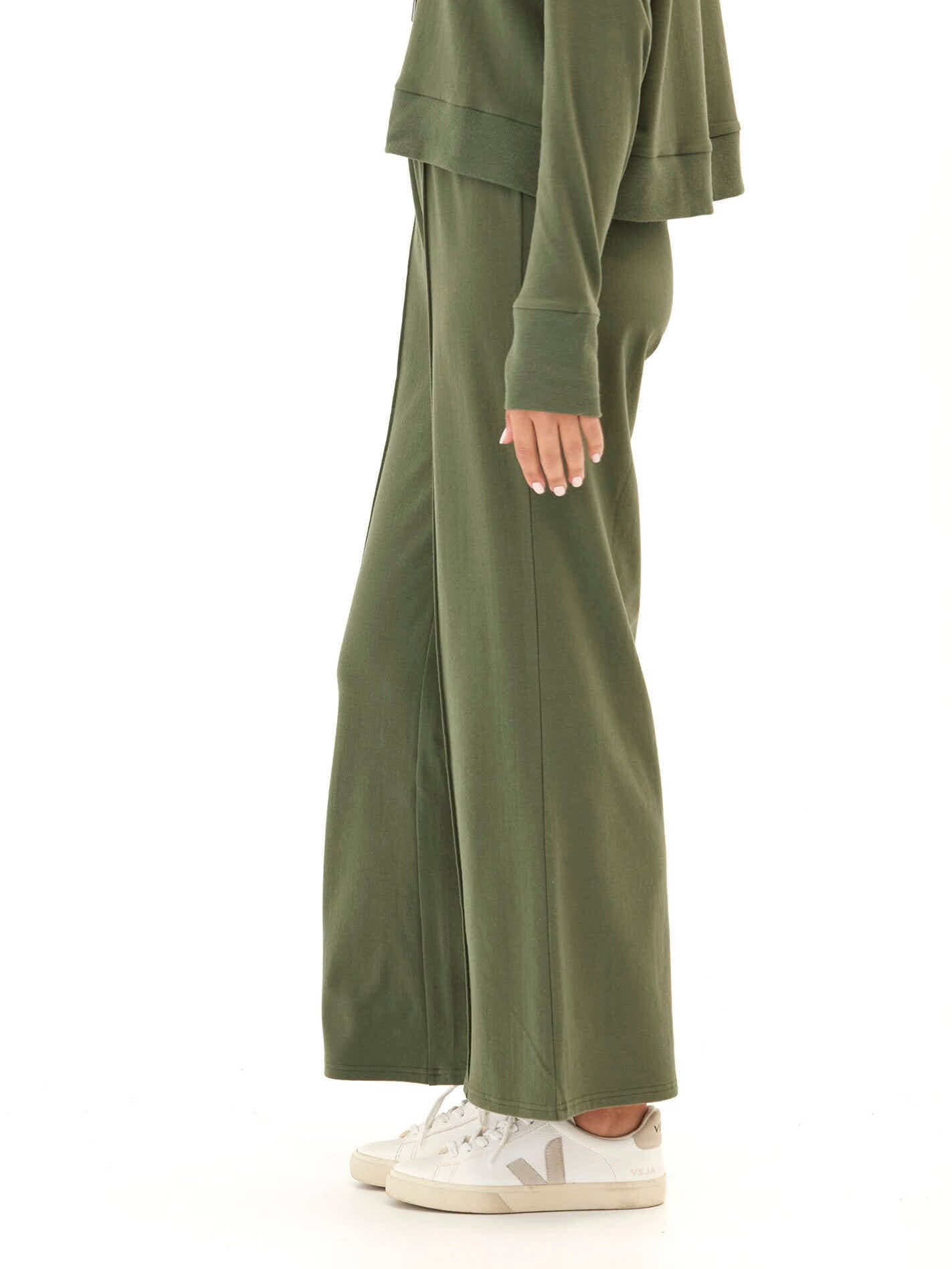Cozy Fleece Rib Mix Wide Leg Pant with Elastic Waistband