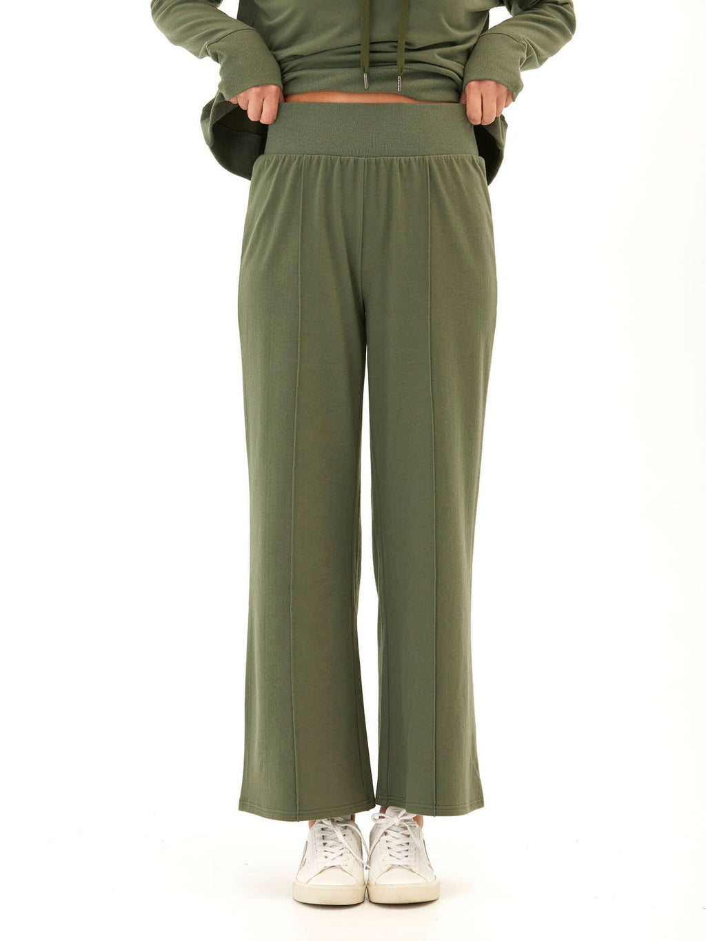 Cozy Fleece Rib Mix Wide Leg Pant with Elastic Waistband