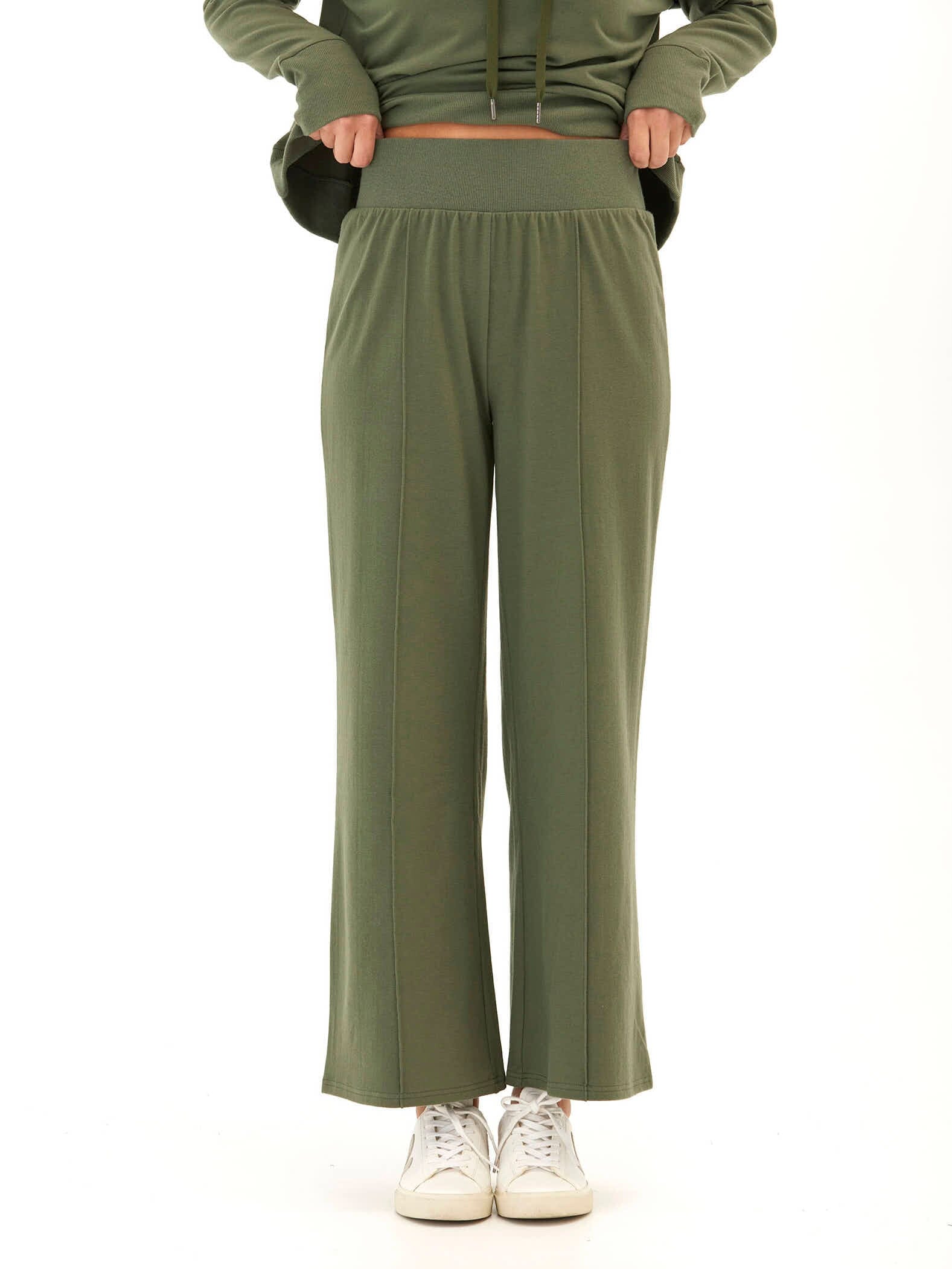 Cozy Fleece Rib Mix Wide Leg Pant with Elastic Waistband