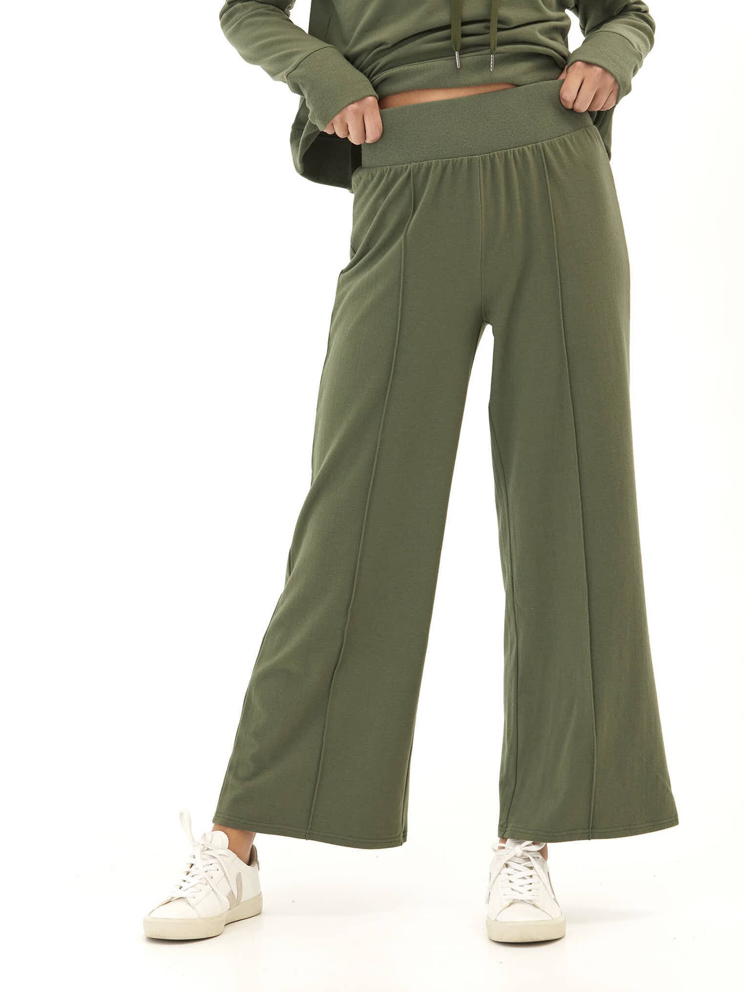 Cozy Fleece Rib Mix Wide Leg Pant with Elastic Waistband