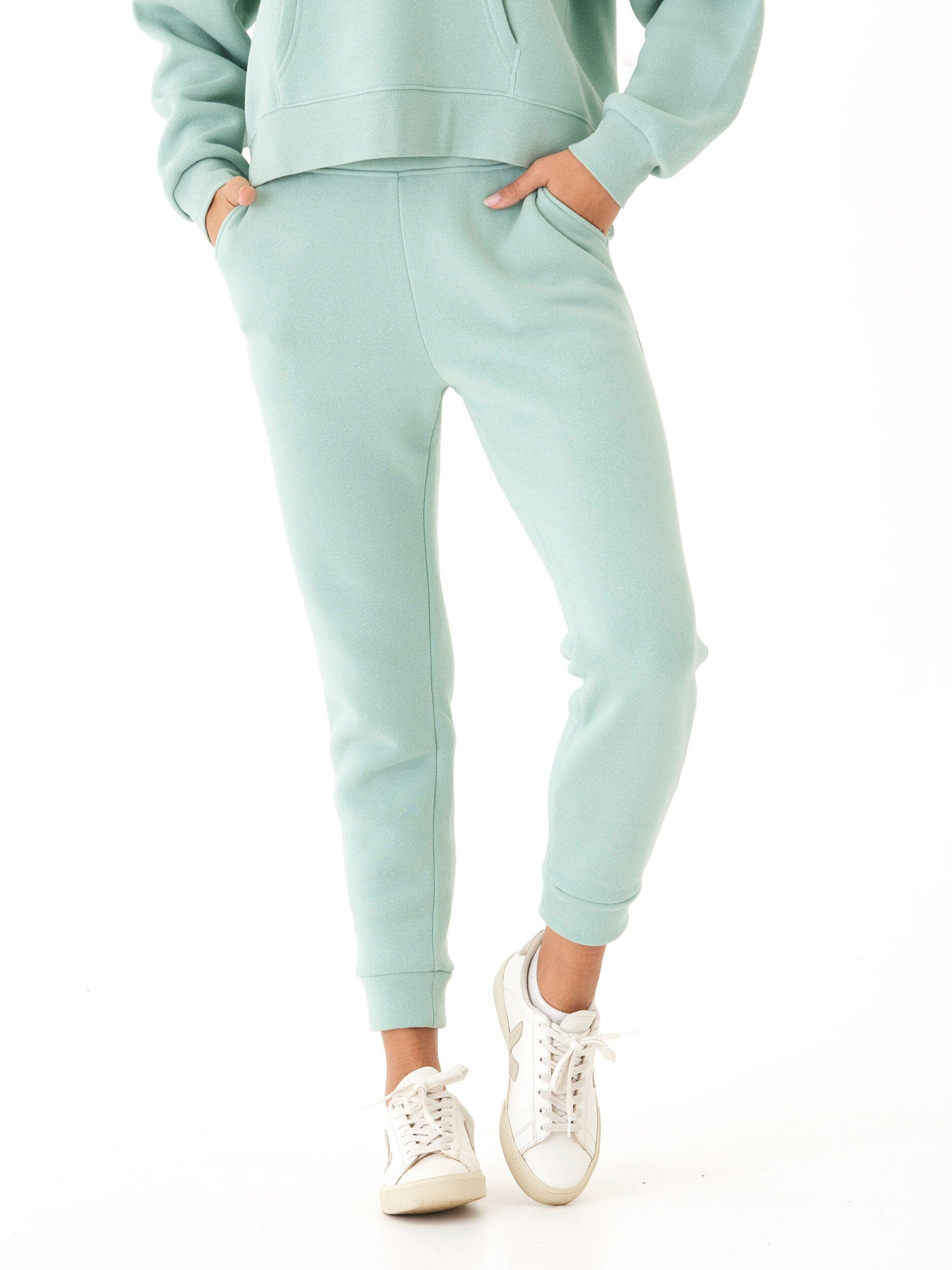 Rowena Triblend Fleece Jogger in mint green knit fabric with tapered silhouette and relaxed fit.