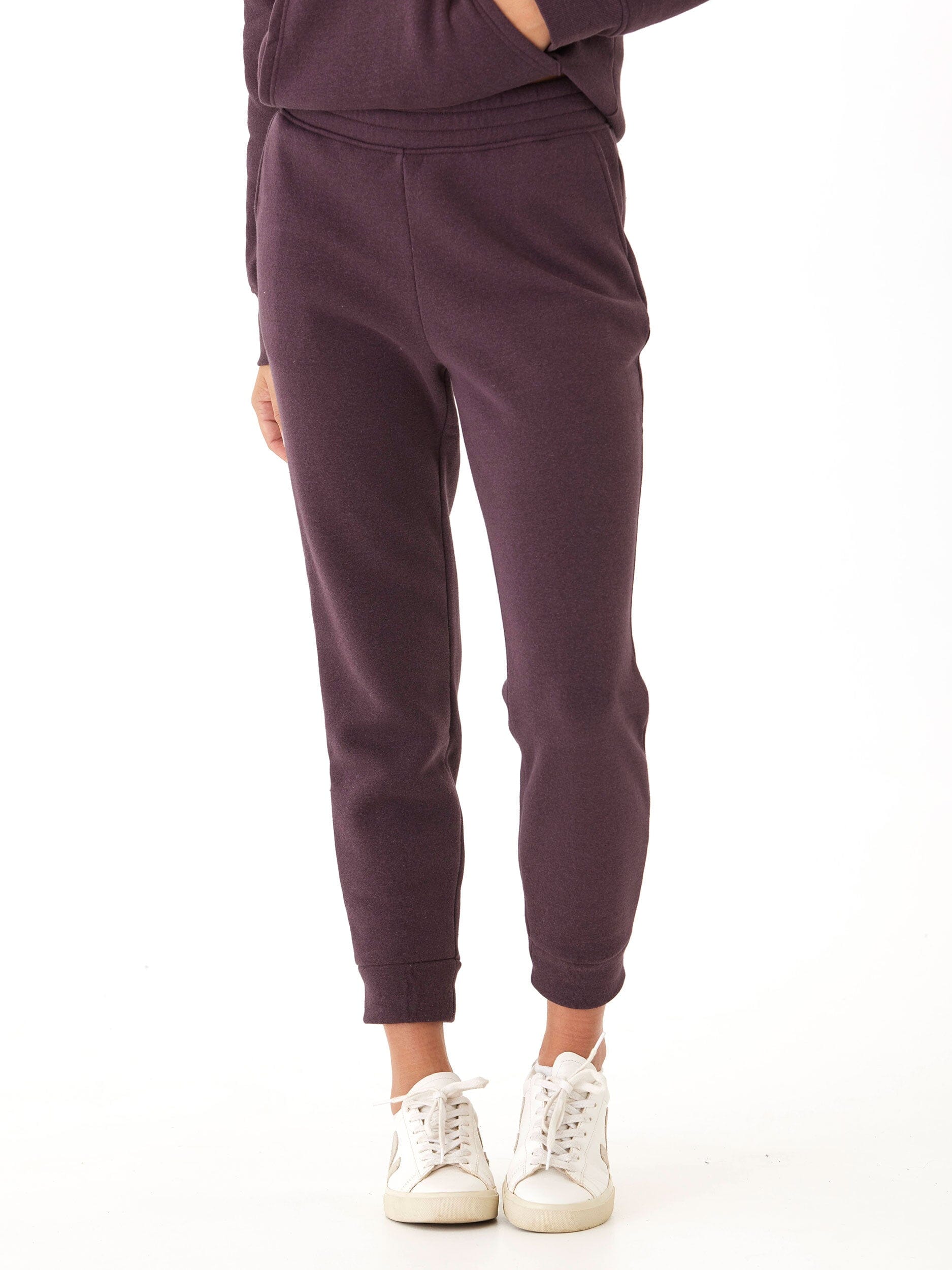 Women wearing deep plum Rowena Triblend Fleece Joggers with a tapered ankle and relaxed fit