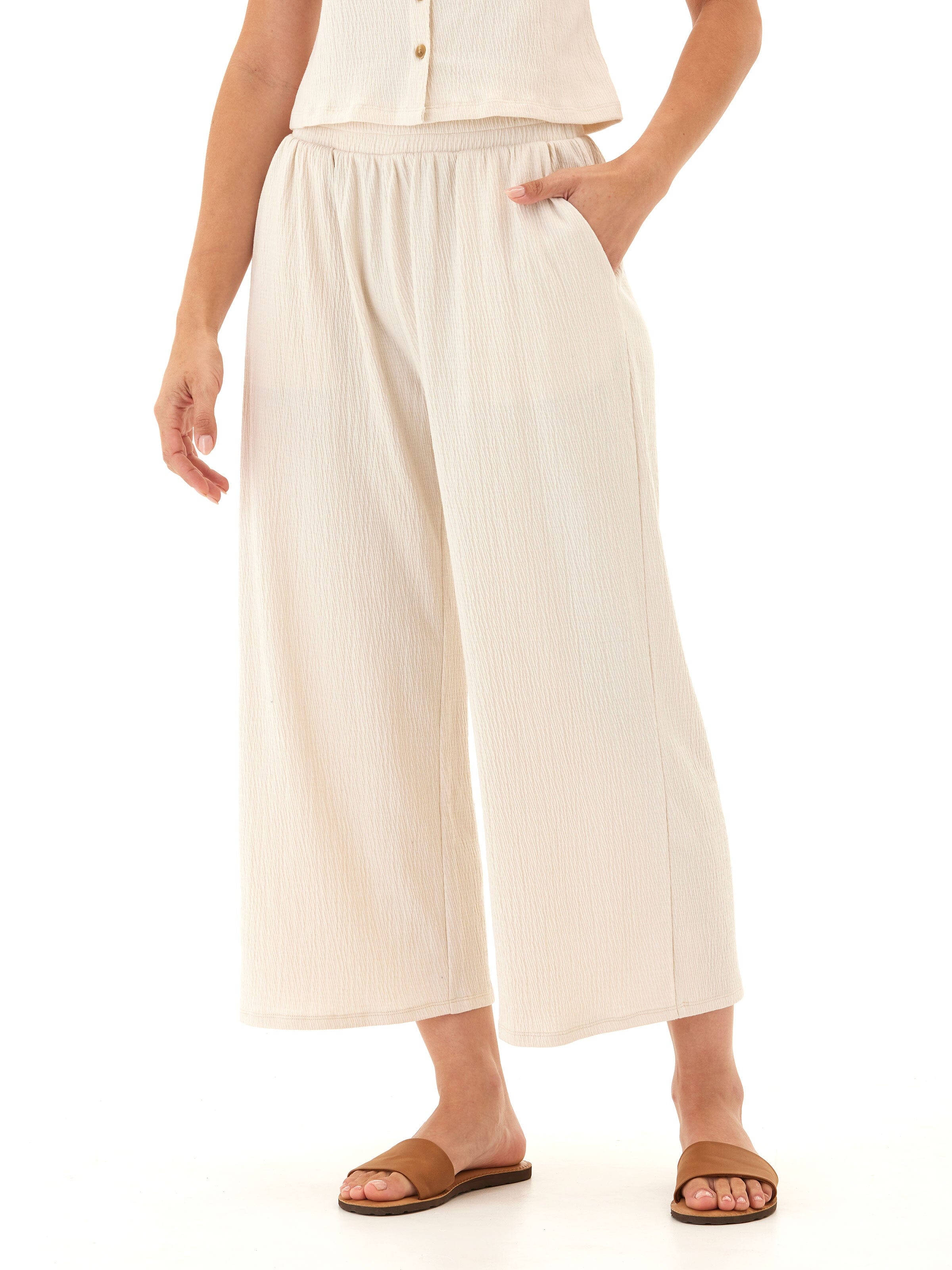 Smocked Jersey Wide Leg Capri Pants with Pockets