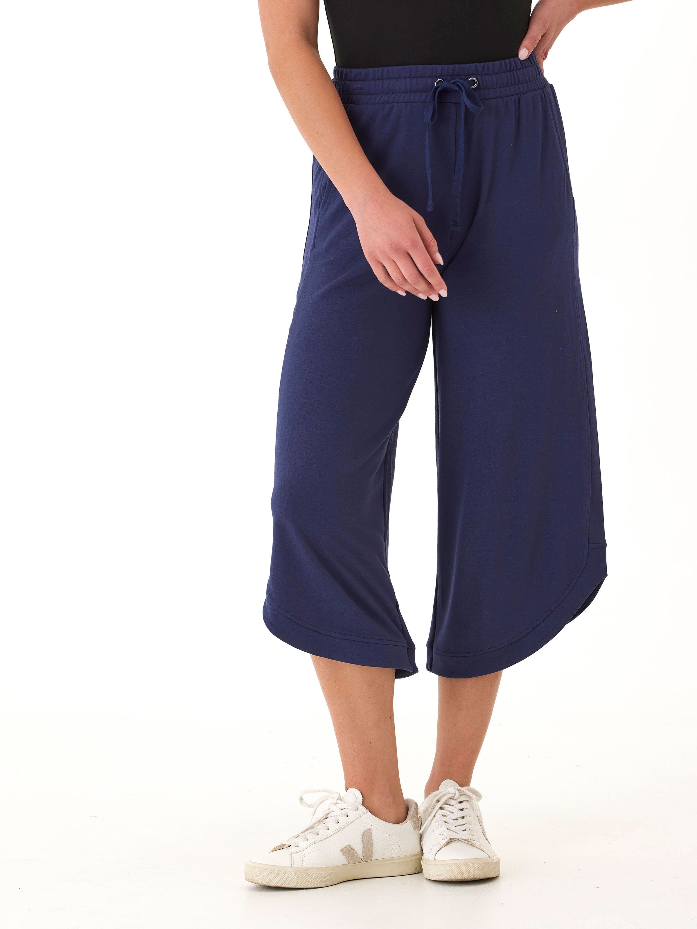 Kellyna Modal Terry Capri Dolphin Pant in Navy Blue Wide Leg