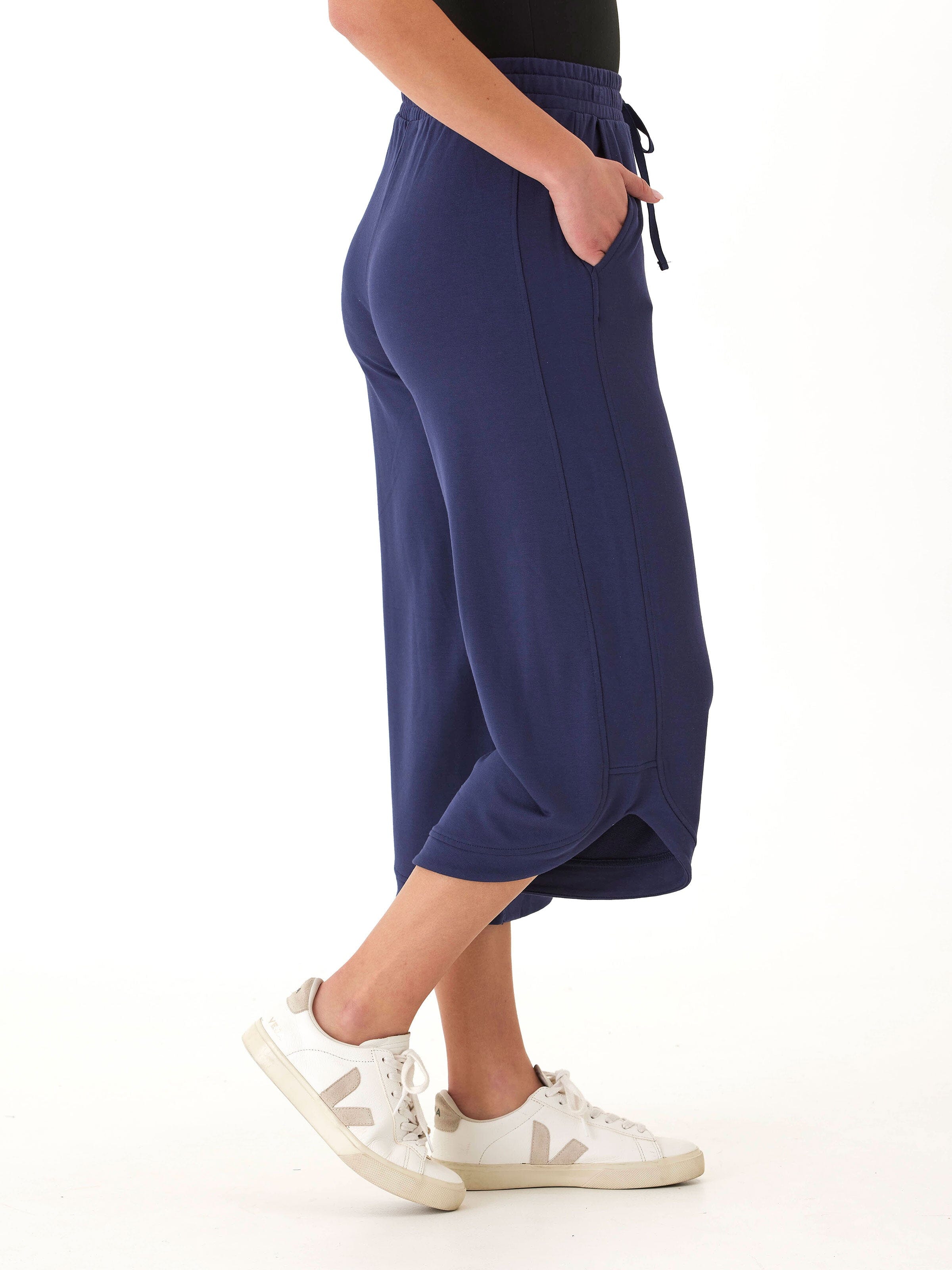 Kellyna Modal Terry Capri Dolphin Pant in Navy Blue Wide Leg