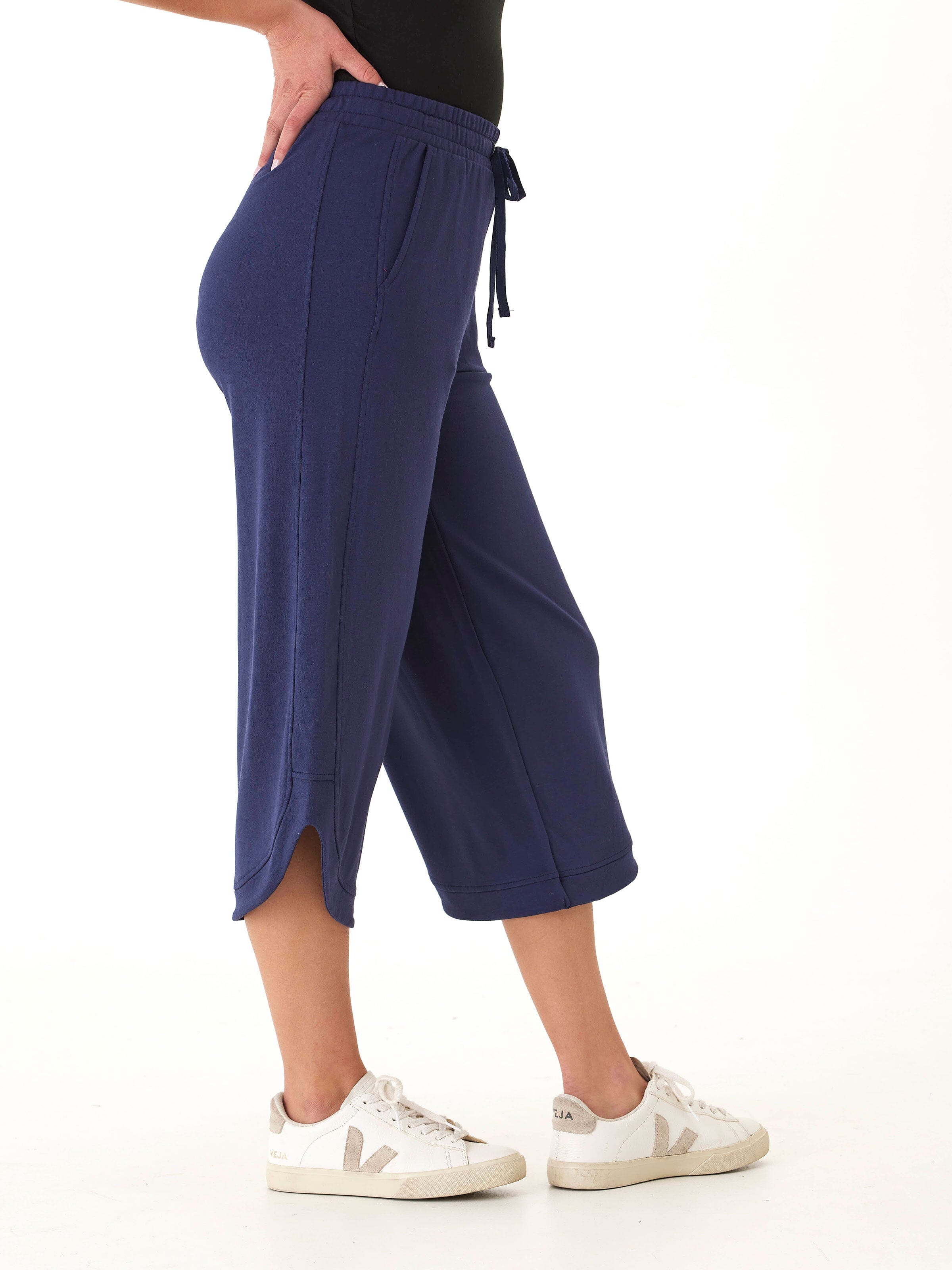 Kellyna Modal Terry Capri Dolphin Pant in Navy Blue Wide Leg