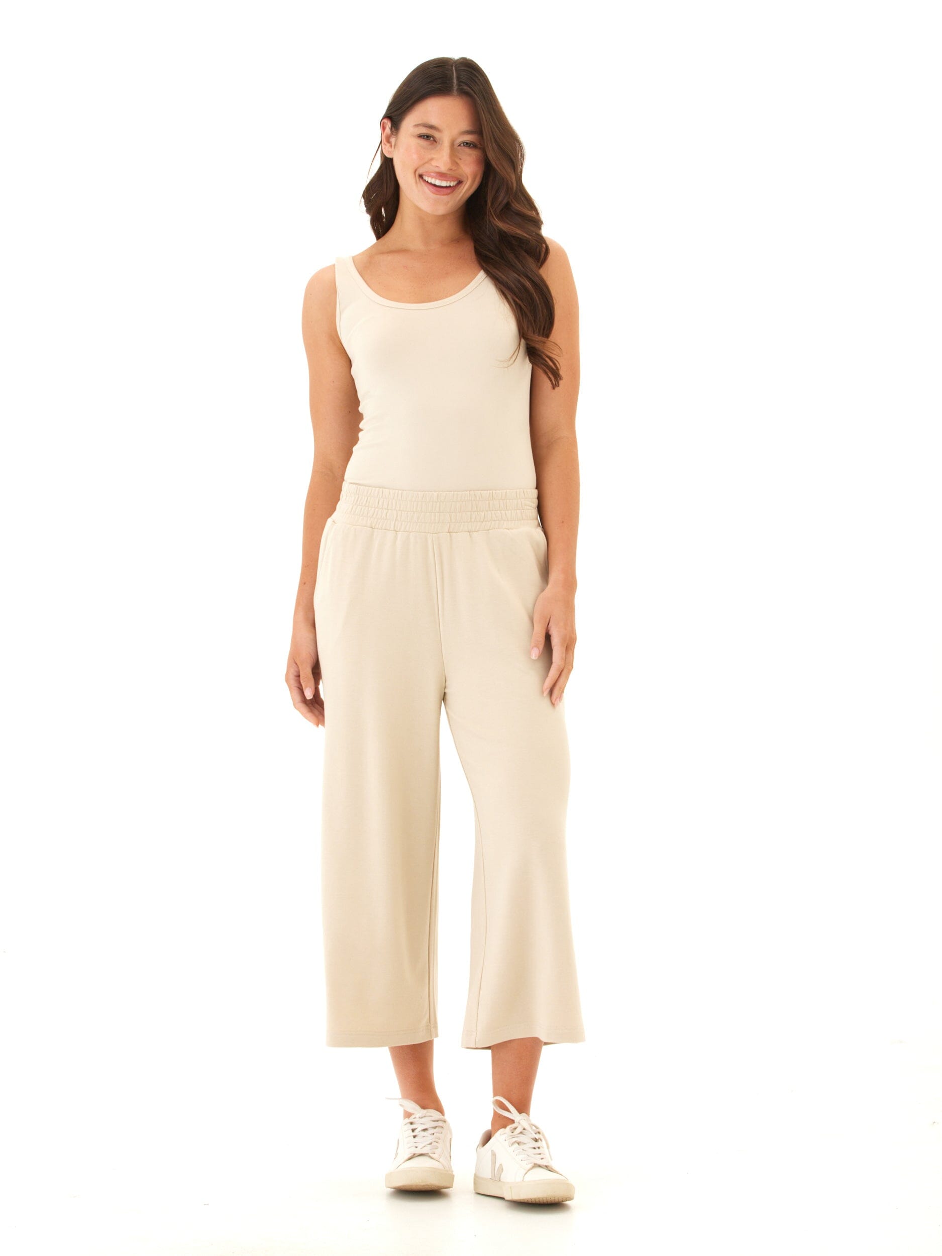 Women's Wide Leg Modal Terry Crop Pants in Beige