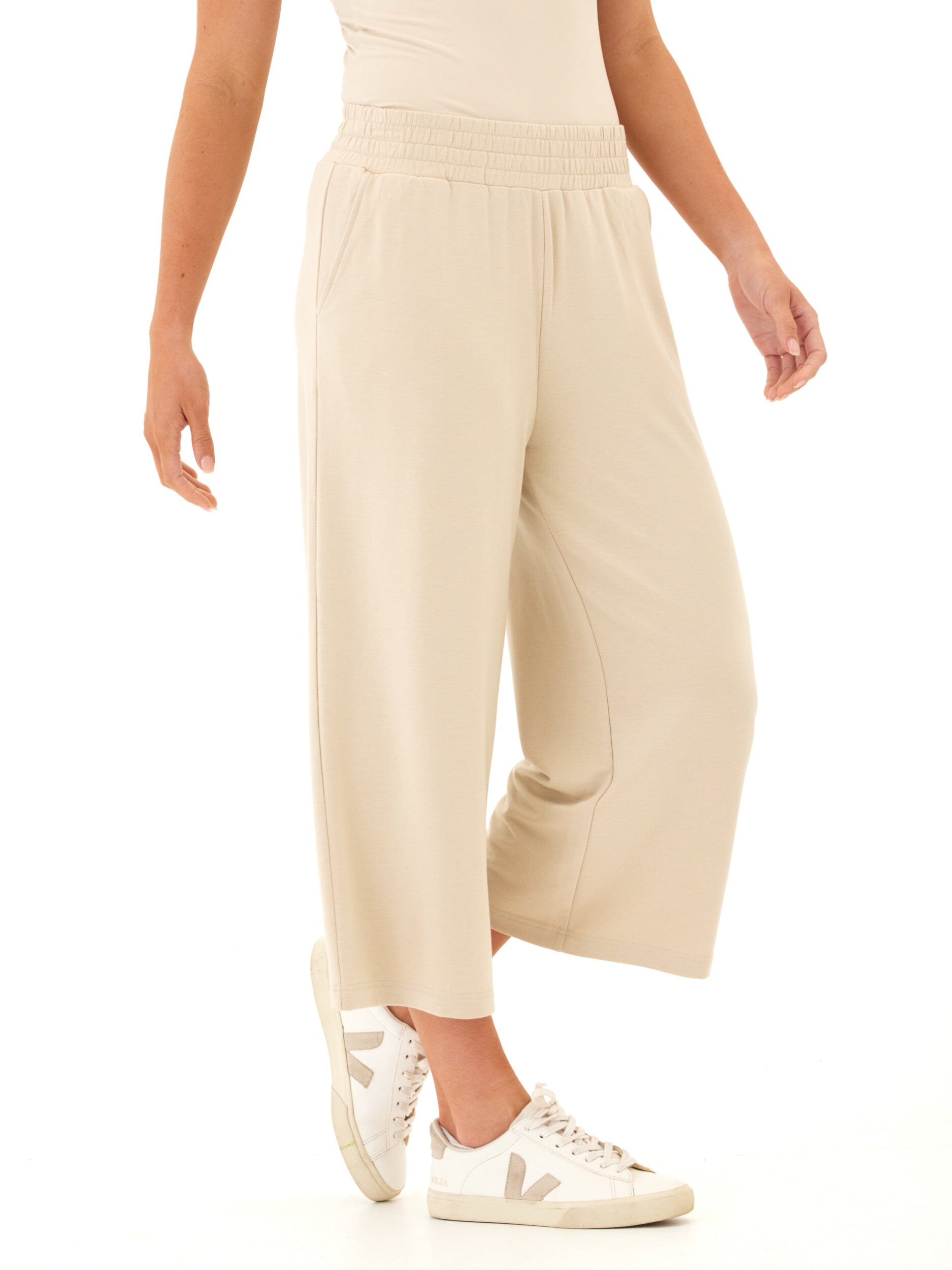 Women's Wide Leg Modal Terry Crop Pants in Beige