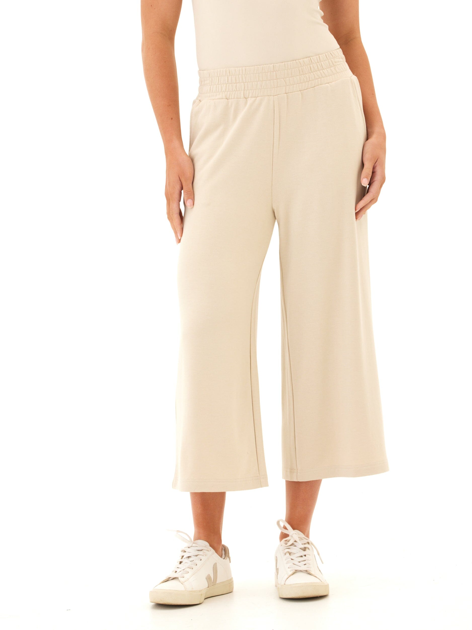 Women's Wide Leg Modal Terry Crop Pants in Beige