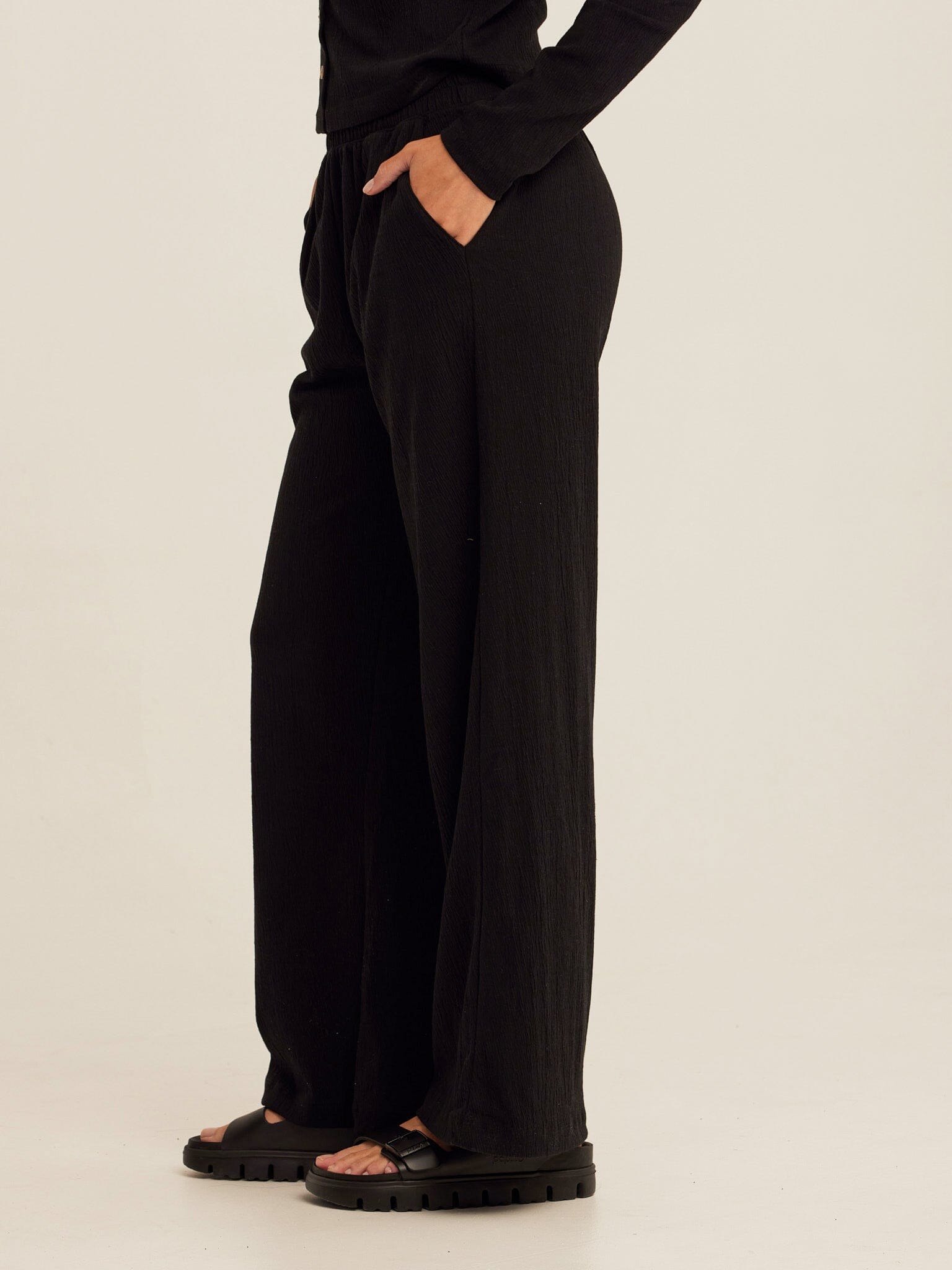 Ivanna Smocked Jersey Wide Leg Pant in Black - Relaxed Loungewear