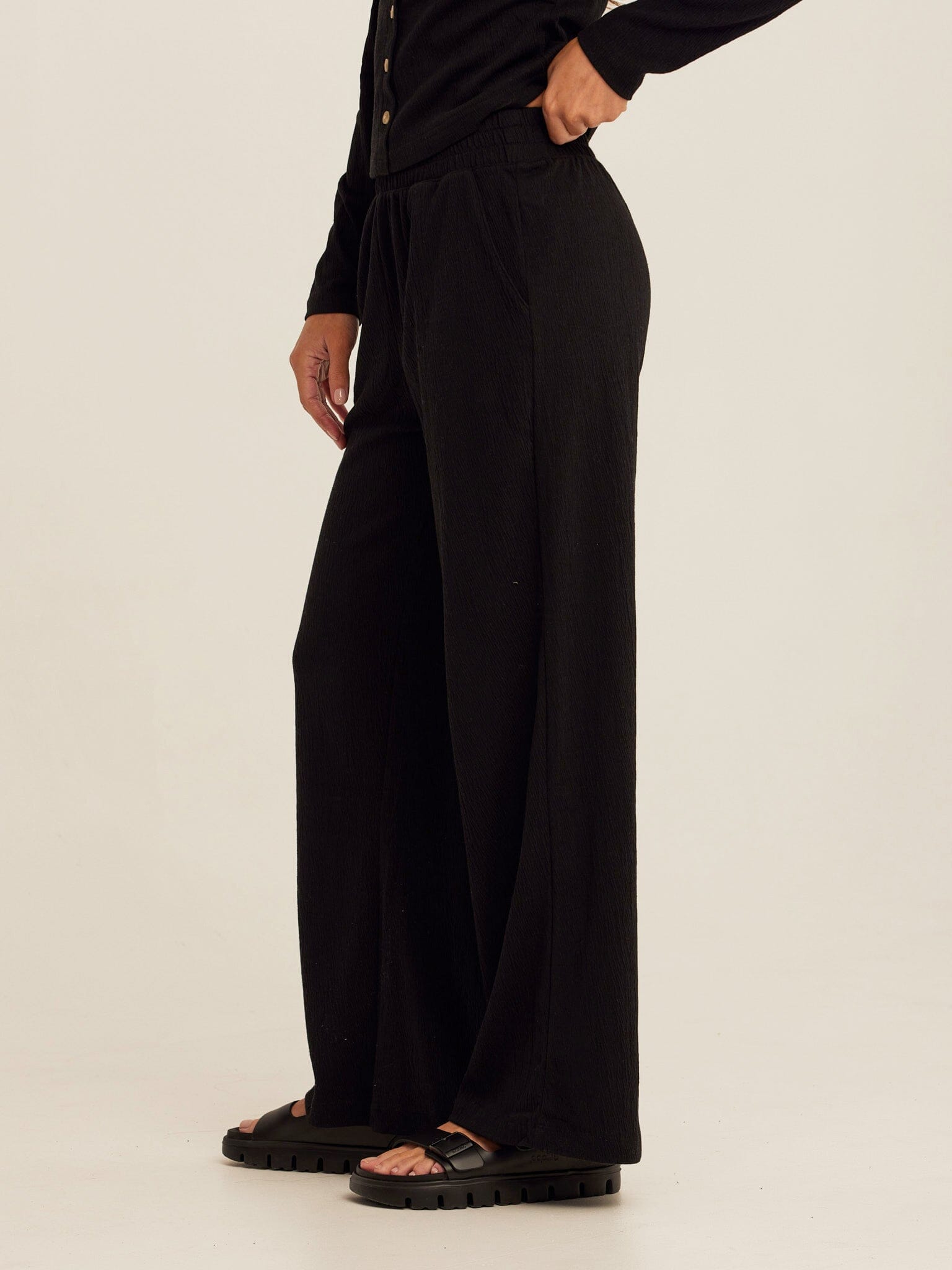 Ivanna Smocked Jersey Wide Leg Pant in Black - Relaxed Loungewear