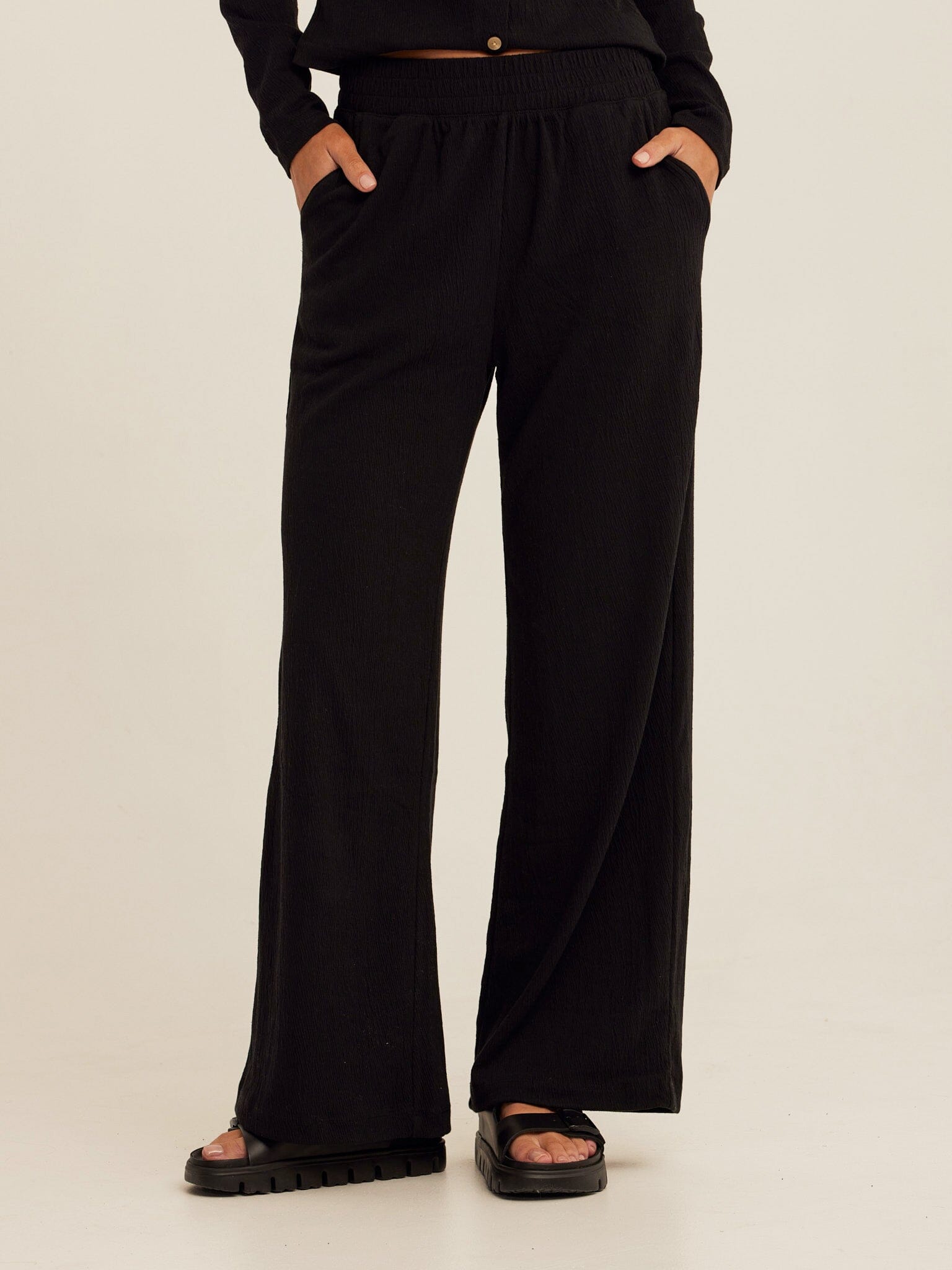 Ivanna Smocked Jersey Wide Leg Pant in Black - Relaxed Loungewear