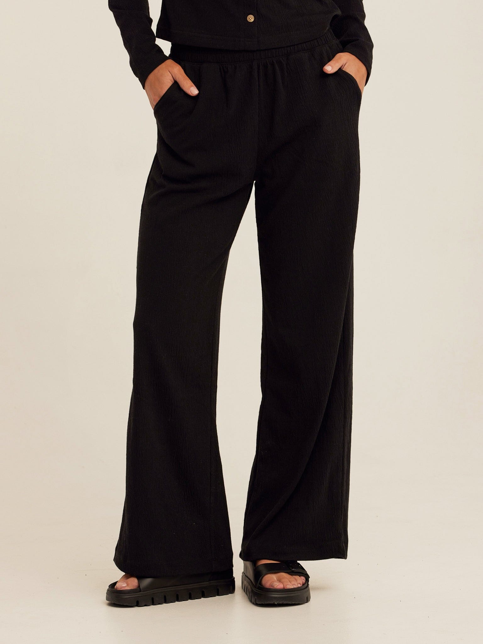 Ivanna Smocked Jersey Wide Leg Pant in Black - Relaxed Loungewear